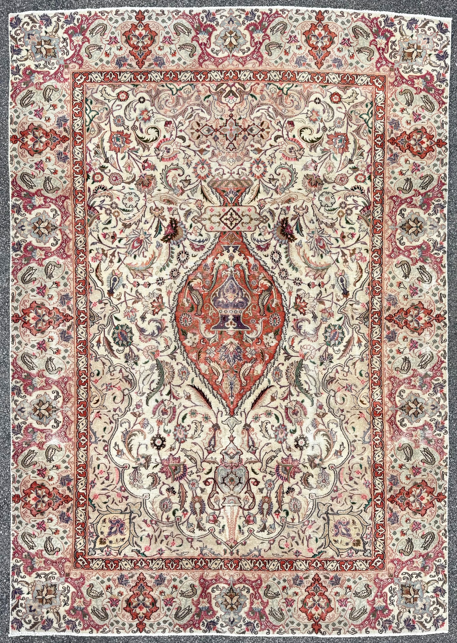 ANTIQUE PERSIAN HAJI JALILI TABRIZ RUG, 7.9 x 11.0 (231cm x 335cm): Antique Persian Tabriz rug with a Haji Jalili style was hand knotted in Iran of 100% natural wool on a cotton foundation. This rug has knots per square inch in excess of 175+. This rug is 110-140+ yea