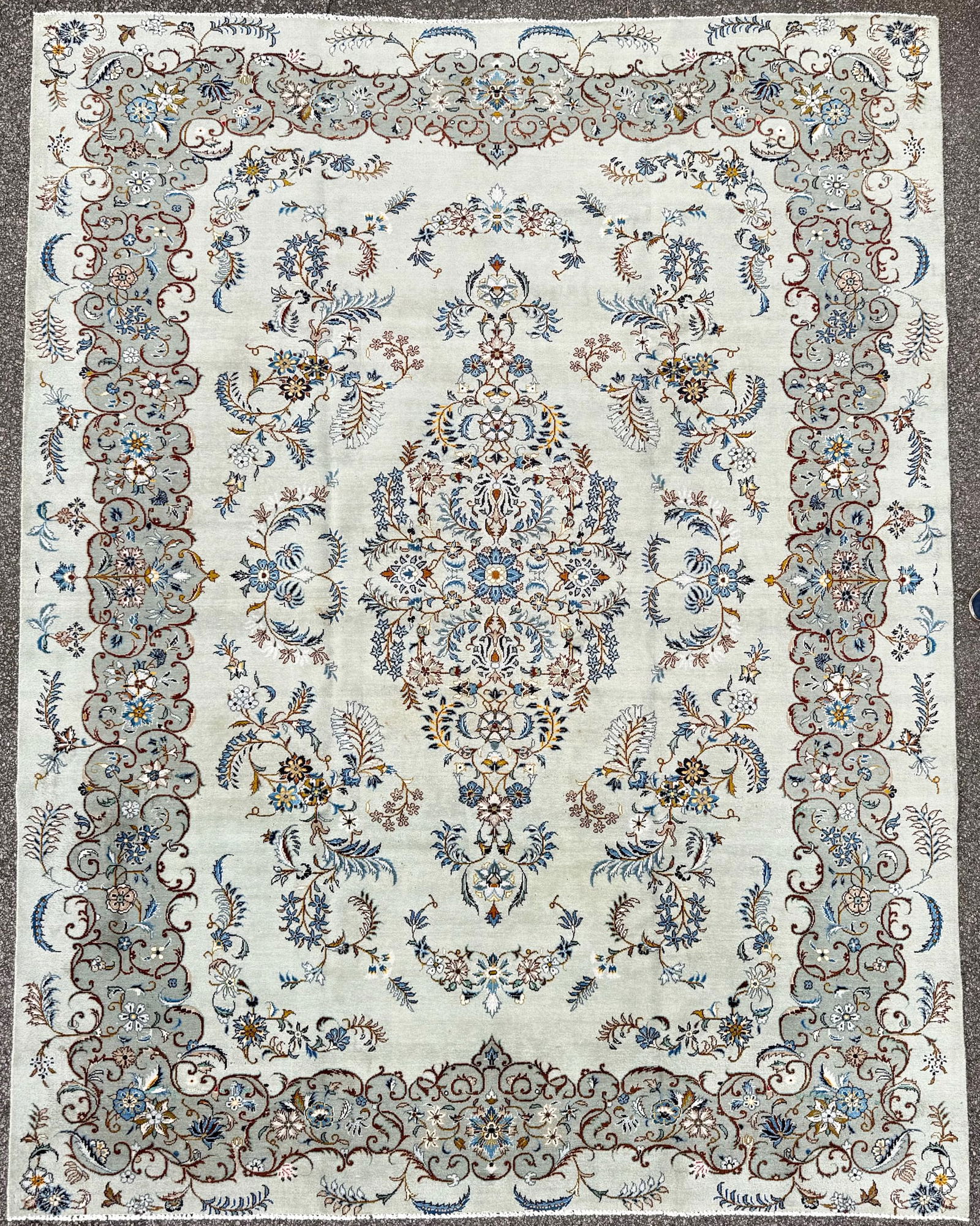 VINTAGE PERSIAN NAIN HAND KNOTTED RUG, 9.0 x 11.7 (274cm x 353cm): Vintage Persian Nain rug was hand knotted in Iran of 100% natural wool on a cotton foundation. This rug is 60+ years old, has full to medium wool piles and is in excellent condition for its age. Beaut
