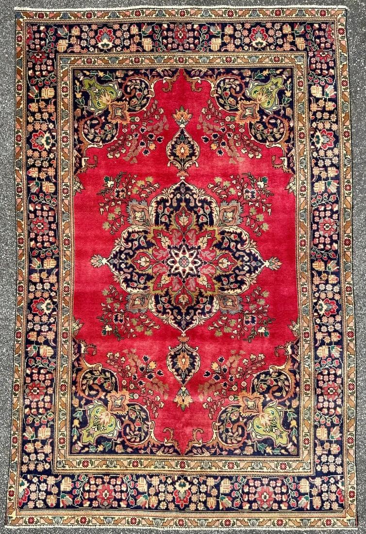 ANTIQUE PERSIAN TABRIZ HAND KNOTTED RUG, 6.3 x 9.7 (191cm x 292cm): Antique Persian Tabriz rug was hand knotted in Iran of 100% natural wool and has a cotton foundation. The rug is 90+ years, has medium to low, wool piles and is in excellent condition for its age. Bea