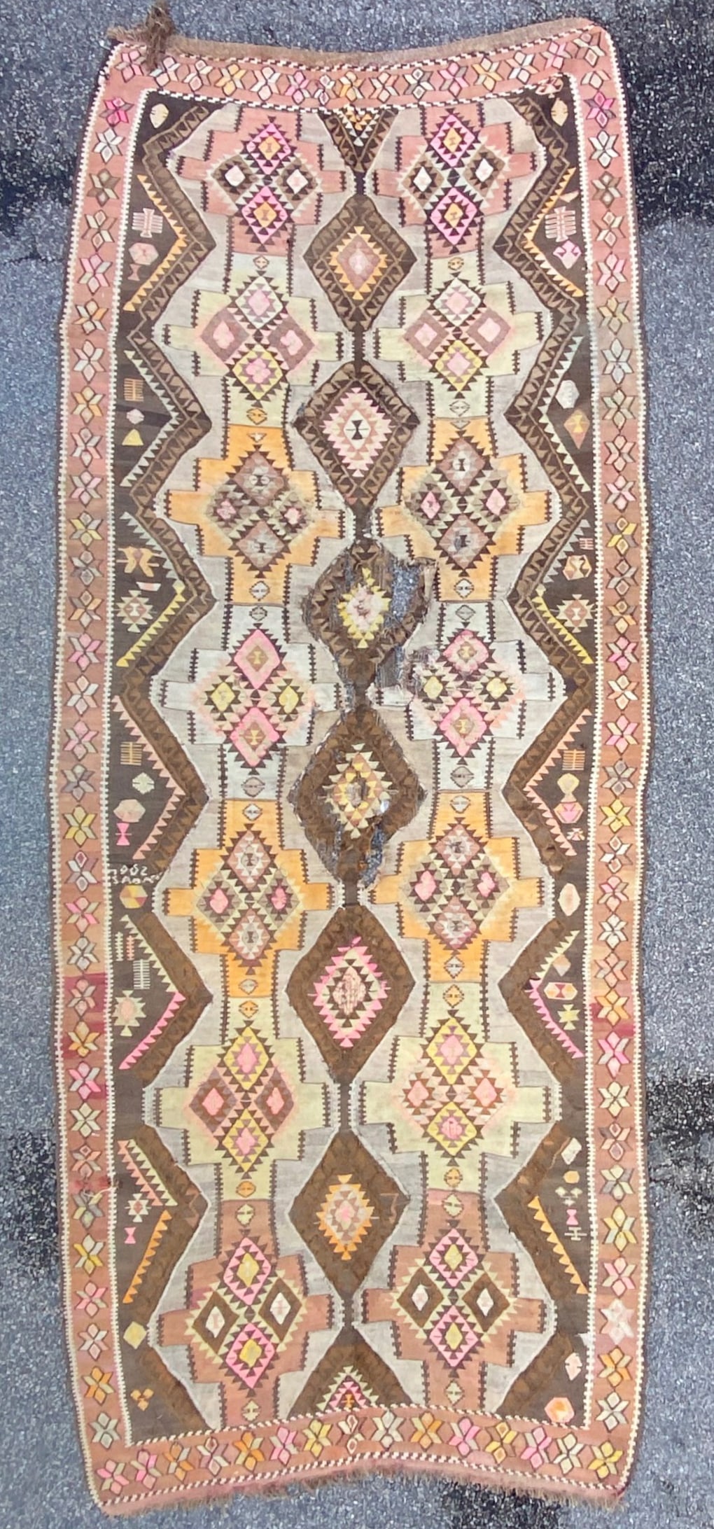 VINTAGE SIGNED, QASHQAI KILIM HAND KNOTTED RUNNER, DISTRESSED, 5.6 x 13.9 (168cm x 419cm): Vintage Qashqai Kazak flat weave runner was hand knotted in Turkey of 100% natural wool and has flat weave wool piles. This rug is 60+ years old and is in excellent condition for its age, though sligh