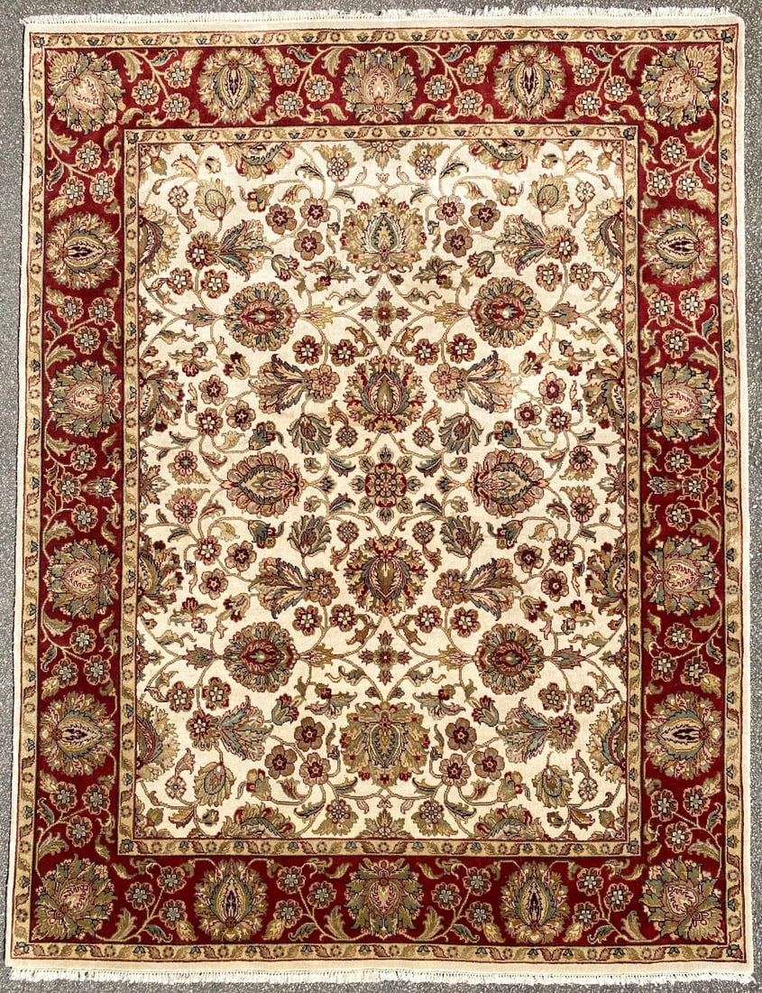 JAIPUR HAND KNOTTED RUG, 7.9 x 10.0 (236cm x 305cm): Jaipur rug is hand knotted of 100 percent wool in India, on a cotton foundation. The rug has full, wool piles and is in like new condition. It is thick and plush. This rug was acquired from a Virginia