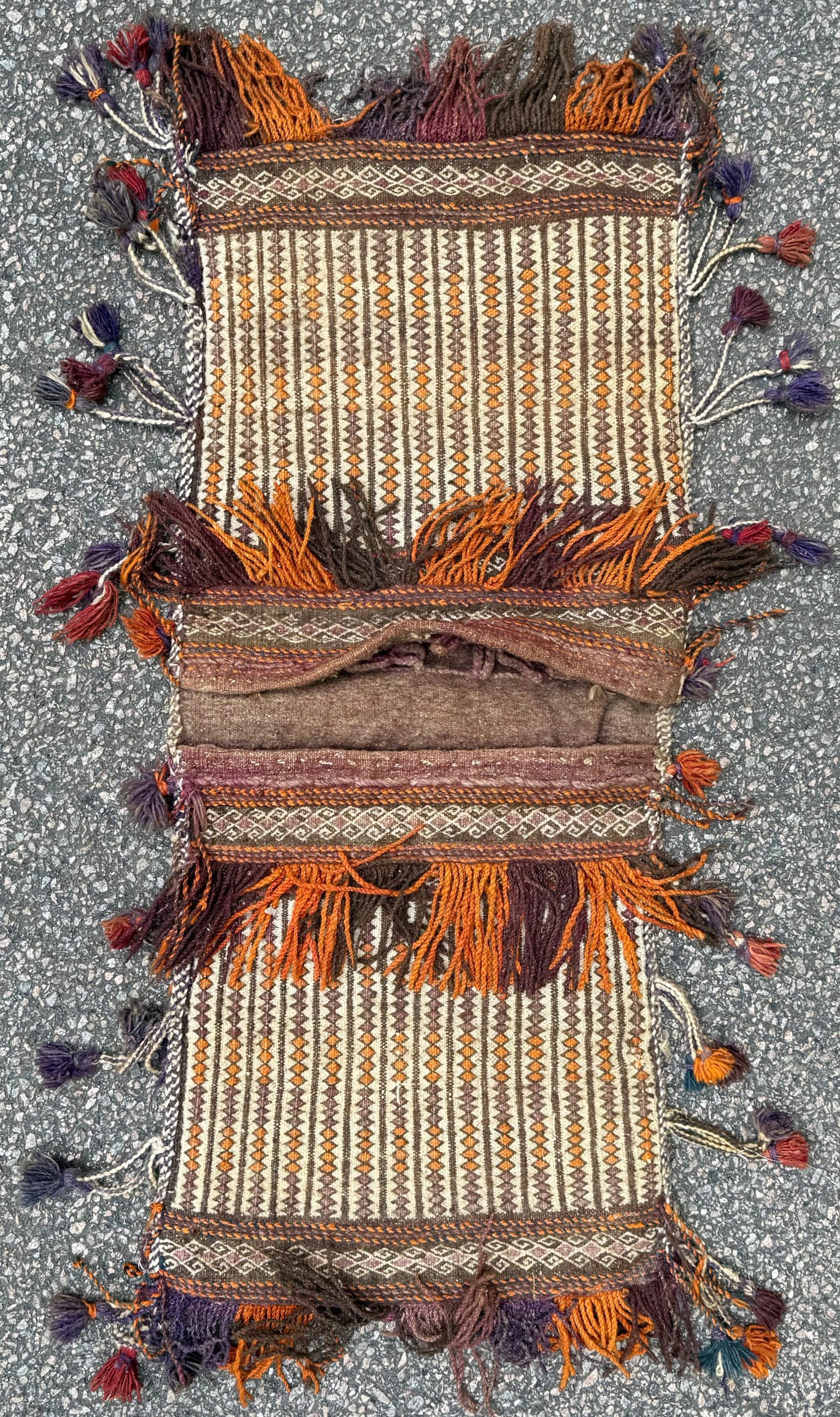 VINTAGE TRIBAL TURKEMAN HAND KNOTTED DOUBLE SADDLE BAG, 18IN x 42IN (46cm x 107cm) (1 of 4)