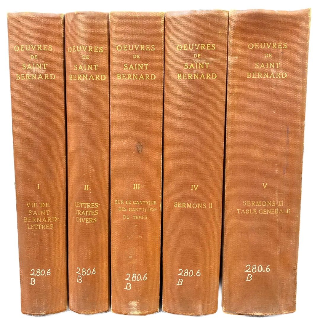 OEUVRES DE SAINT BERNARD, 1865, 5 VOLUMES REBOUND: 1865. Paris. Published by Victor Palme. Complete in 5 volumes. All volumes are in Very Good condition, having all been rebound. Written entirely in French. These volumes are rebound in brown cloth cov