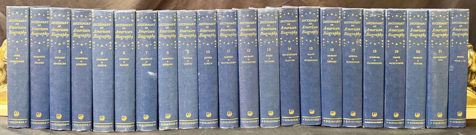 DICTIONARY OF AMERICAN BIOGRAPHY, 22 VOLUMES, 1928: 1928. New York. Charles Scribner’s Sons, Publisher. Complete in 20 volumes, with Volume 21 being Supplement One and another volumes being the Index for volumes 1-20. All volumes are in Very Good+ to