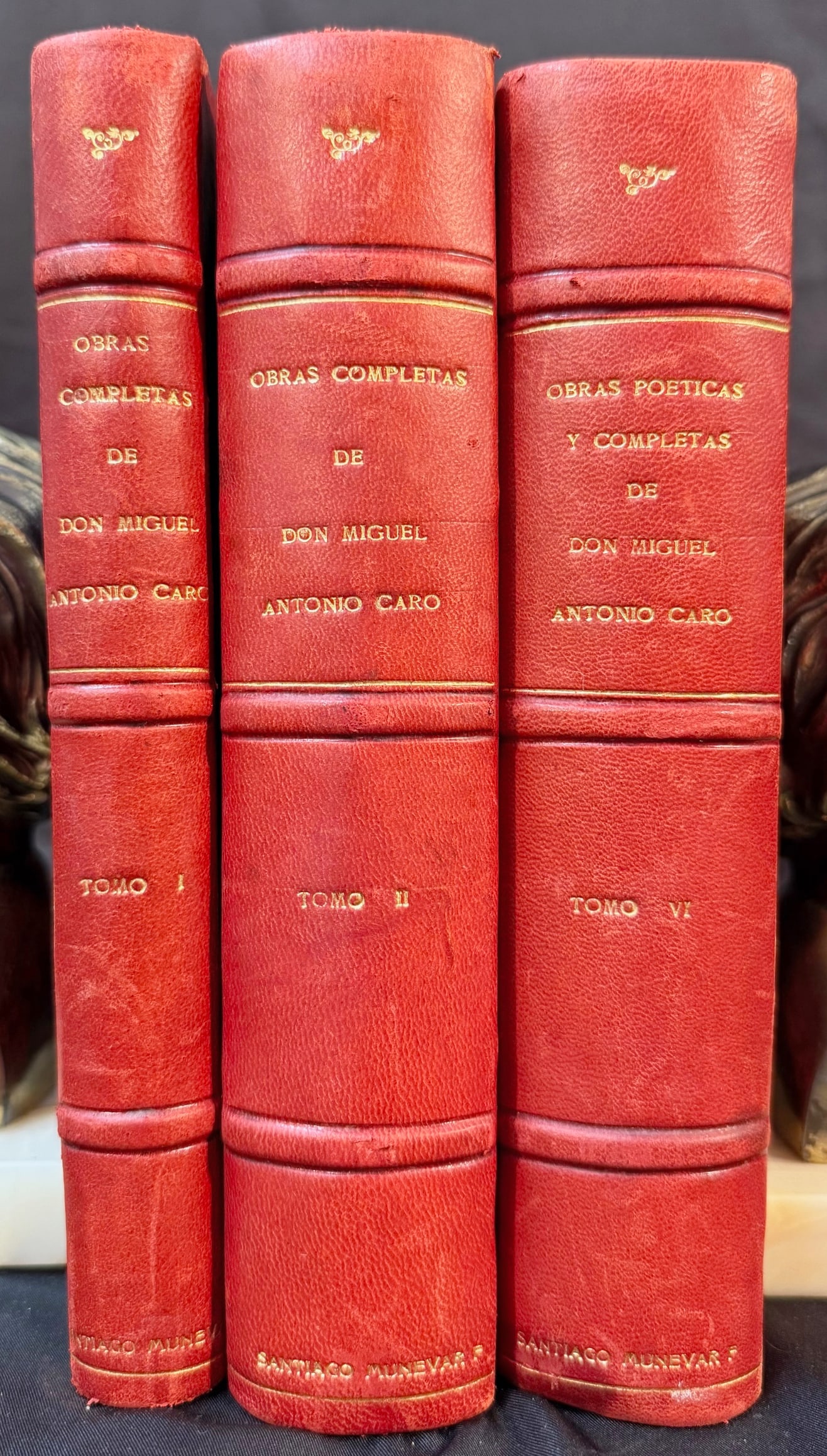 OBRAS COMPLETAS DE DON MIGUEL ANTONIO CARO: 1918. Bogota, Colombia. Imprenta Nacional, Publisher. Complete in 6 volumes, missing volumes 3, 4 and 5. All volumes are in Very Good+ to Very Good condition. All volumes are bound in half, red leathe