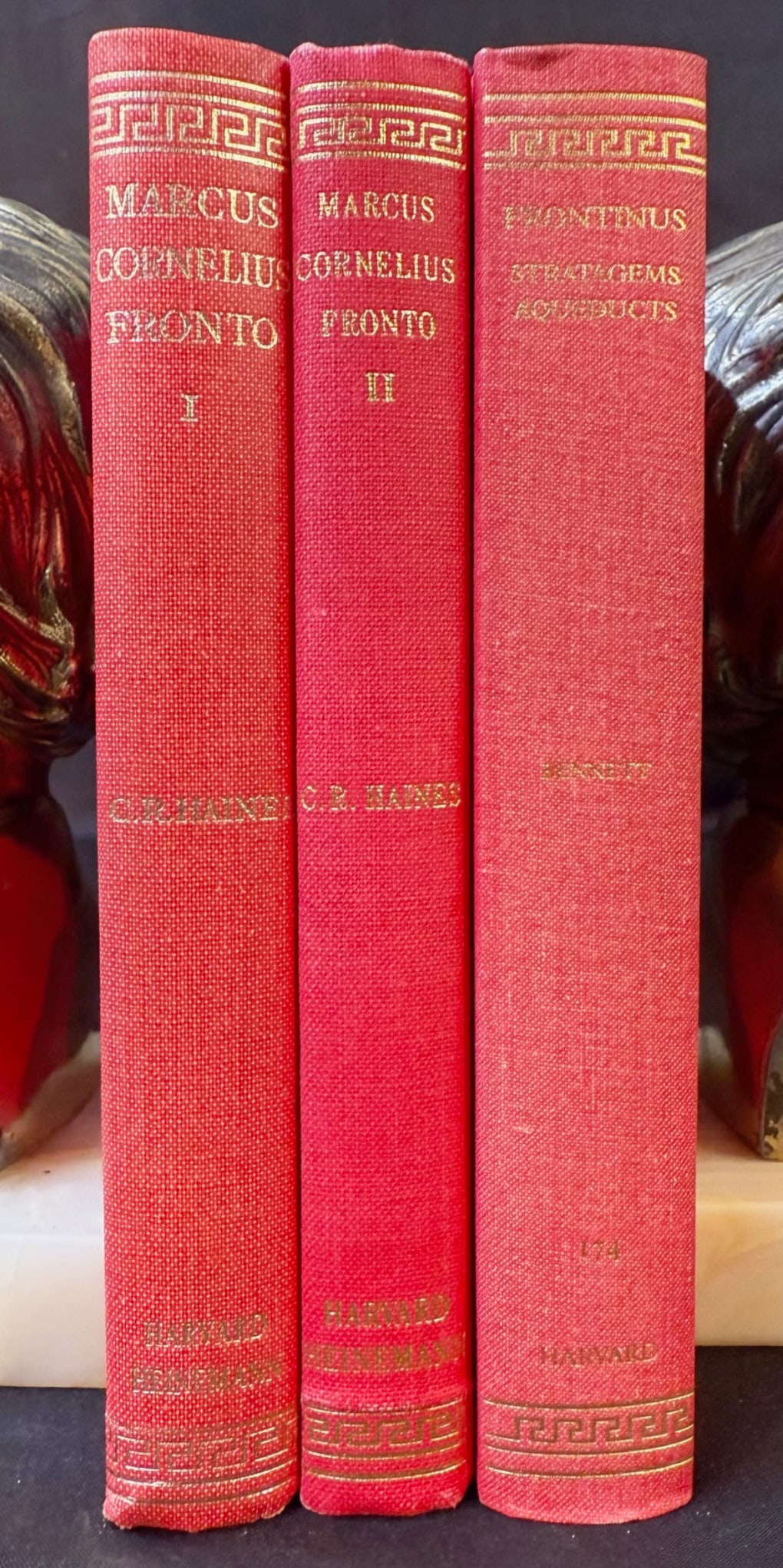 THE LOEB CLASSICAL LIBRARY BY HARVARD UNIVERSITY, FRONTO AND FRONTINUS, 3 VOLUMES: 1962. Cambridge, MA. Harvard University Press. Printed in Great Britain. All 3 volumes in Near Fine to Very Good+, unread condition. All volumes bound in red cloth hardcovers. All volumes embossed in