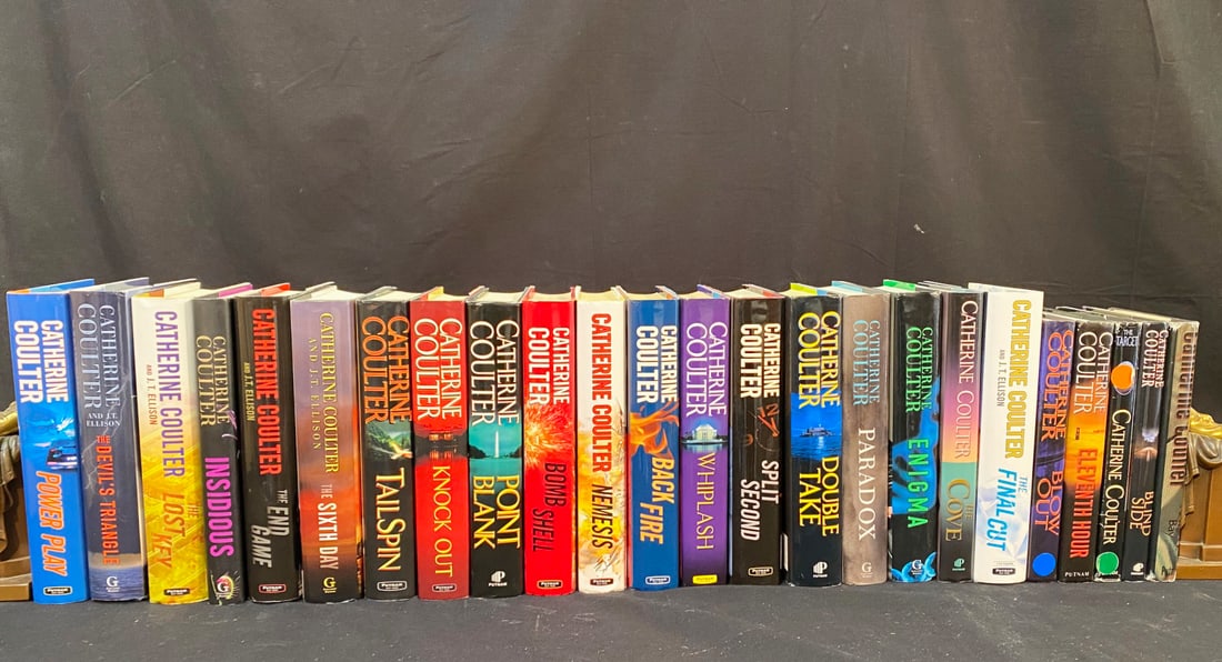 CATHERINE COULTER BOOK COLLECTION – 24 VOLUMES: A large collection of 24 Catherine Coulter romantic suspense thrillers and historical romance books. All of these hard cover books have dust jackets. All books are in Fine to Near Fine condition. You