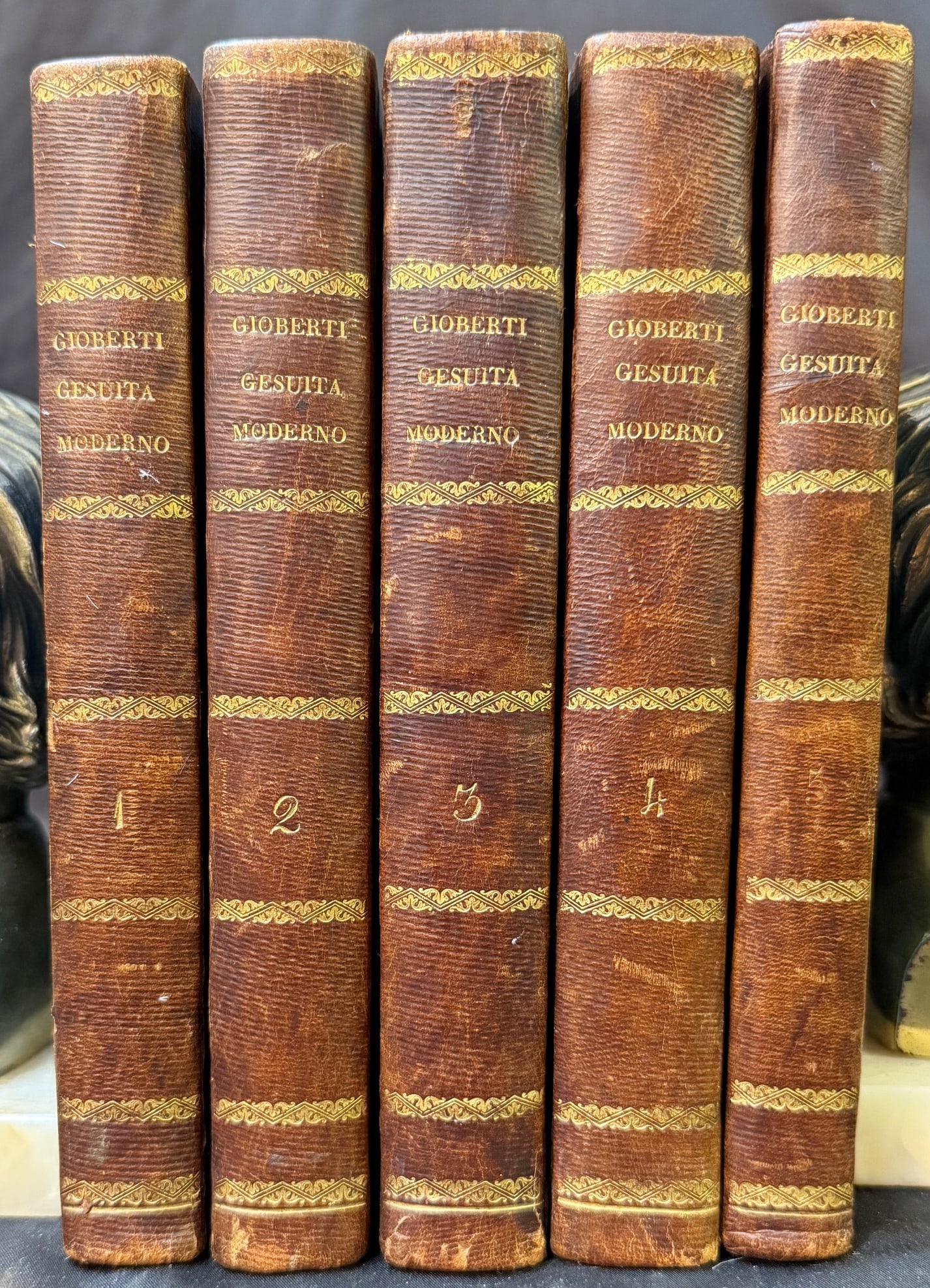IL GESUITA MODERNO PER VINCENZO GIOBERTI, 5 VOLUMES, 1846-1847: 1846-1847. Losanna, Italy. S. Bonamici E Compagni, Publisher. Complete in 5 volumes. All volumes are in Very Good+ to Very Good condition. Written entirely in Italian. All volumes are bound in full br
