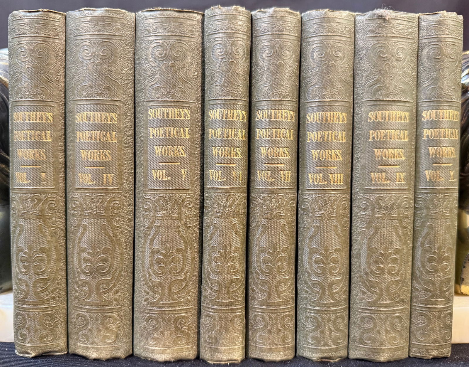 SOUTHEYS POETICAL WORKS, 8 VOLUMES, 1847: 1847. London. Longman, Brown, Green and Lonbgmans, Publisher. Complete in 10 volumes, missing volumes 2 and 3. All volumes are in Very Good+ to Very Good condition. All volumes are in grey/green cloth