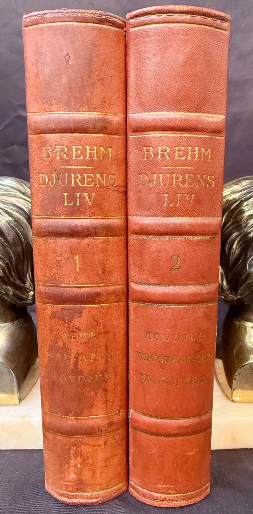 DJURENS LIV, 2 VOLUMES, 1929: 1929. Malmo. Varldslitteraturens Forlag, Publisher. 2 volumes. All volumes Very Good+ condition. Written entirely in Swedish. All volumes are bound in tan full leather hard covers and gold embossed on