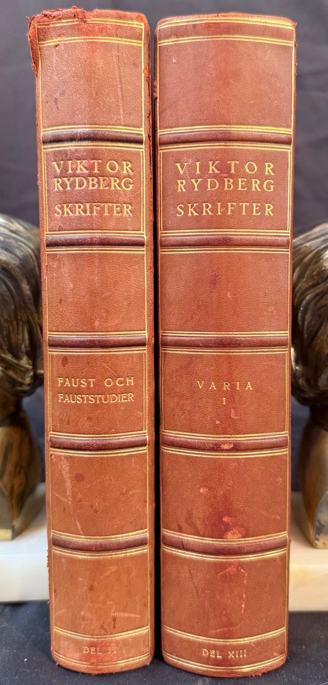 SKRIFTER VICTOR RYDBERG SKRIFTER, 2 VOLUMES, 1919: 1919. Stockholm. Albert Bonniers, Publisher. 2 volumes of 14 volume set. All volumes Very Good condition. Written entirely in Swedish. All volumes are bound in tan; half leather hard covers with marbl