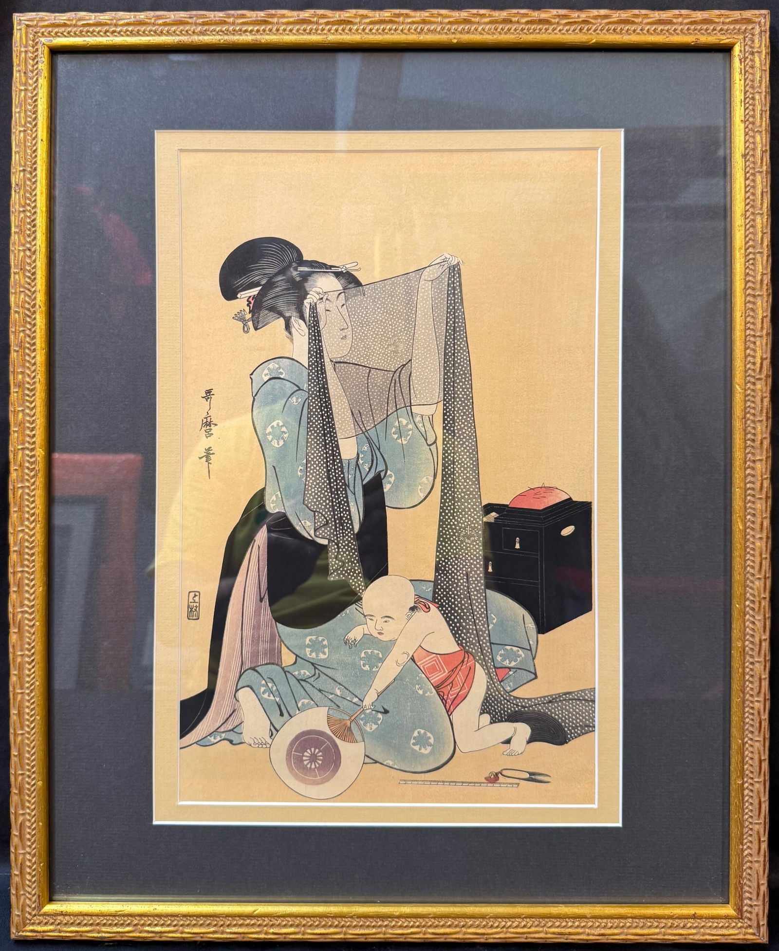 ANTIQUE JAPANESE WOODBLOCK PRINT, AFTER KITAGAWA UTAMARO (1753-1806) TITLED HARI-SHIGOTO WITH COA,: Antique Japanese woodblock print after Kitigawa Utamaro (1750-1806) titled Hari-Shigoto (Needlework). This piece is after the original which was created in 1794-1795, and it is the left part of a trip