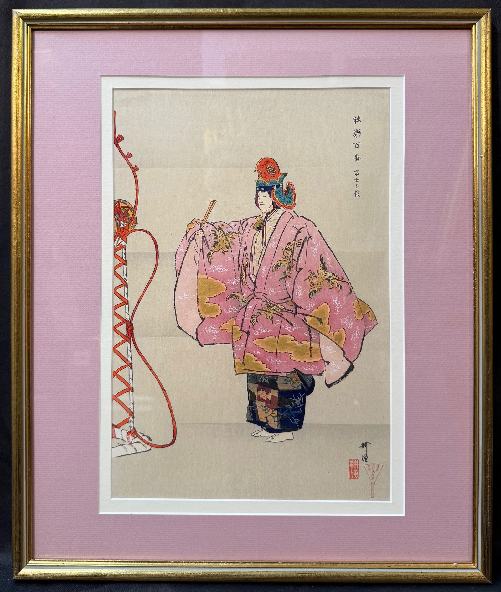 ANTIQUE ORIGINAL JAPANESE WOODBLOCK PRINT BY TSUKIOKA KOGYO (1869-1927) TITLED TAKASAGO, 17IN x 20IN: An antique original Japanese woodblock print by Tsukioka Kogyo (1869-1927) titled Takasago from the series One Hundred N?h Plays (N?gaku Hyakuban). This print illustrates a scene from the Noh play Tak