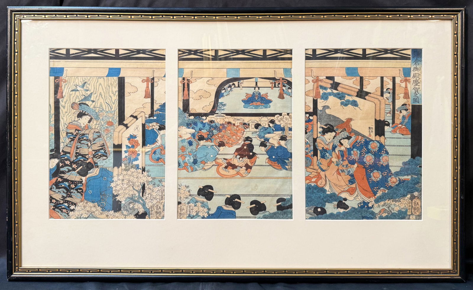 ANTIQUE ORIGINAL JAPANESE TRIPTYCH WOODBLOCK PRINT BY UTAGAWA KUNISADA (1786-1864) TITLED: A beautiful, original mid-19th century ukiyo-e triptych by Utagawa Kunisada (Toyokuni III, 1786–1865), who is one of Japan’s most celebrated woodblock print masters. This complete three-panel scen