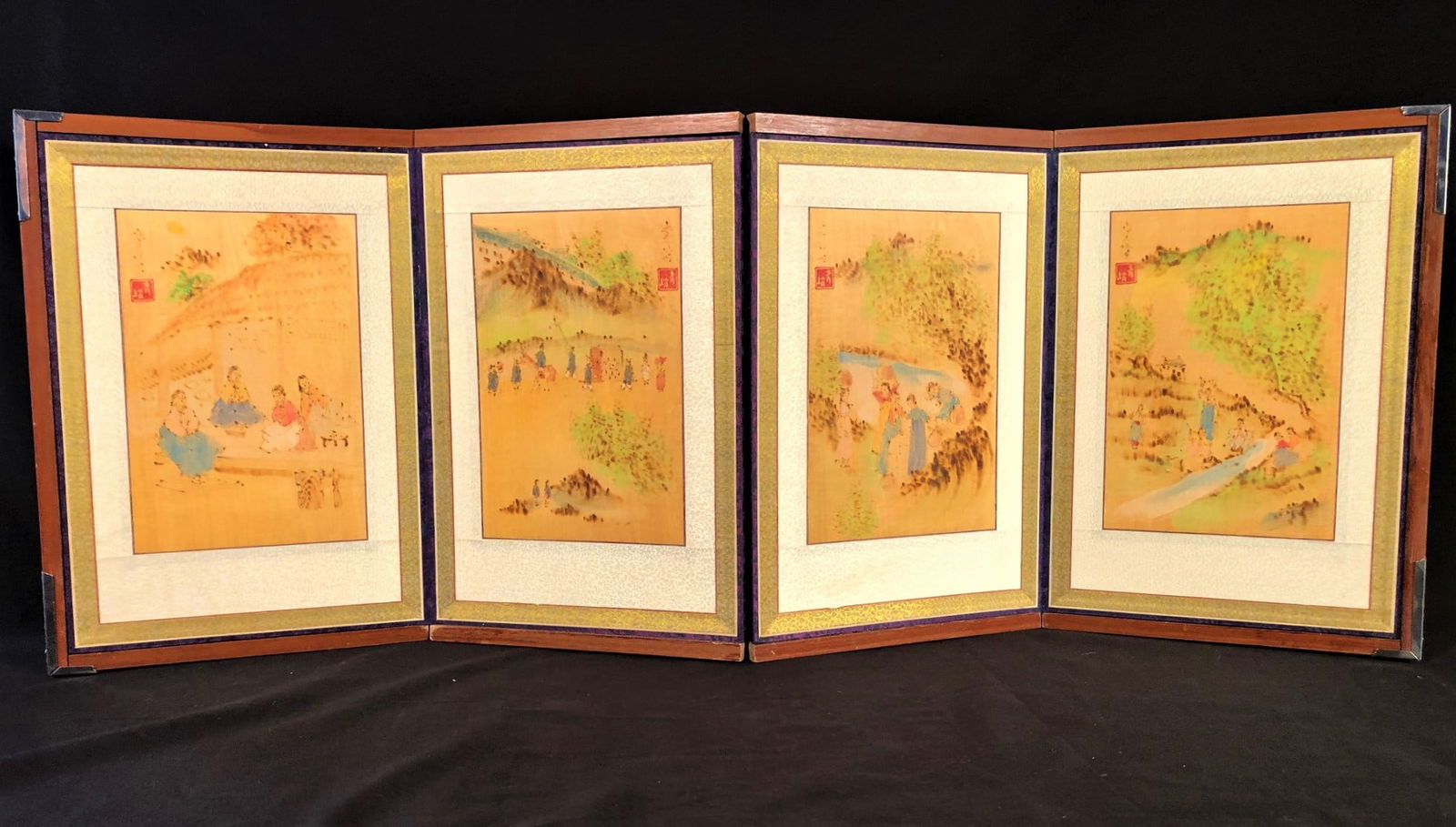 ASIAN PAINTED FOLDING SCREEN, 16 IN x 41 IN: Painted Asian folding screen measuring 16 inches by 41 inches. Each panel is individually painted showing a different village scene. The entire piece is in near perfect condition., 16 IN x 41 IN, LOT