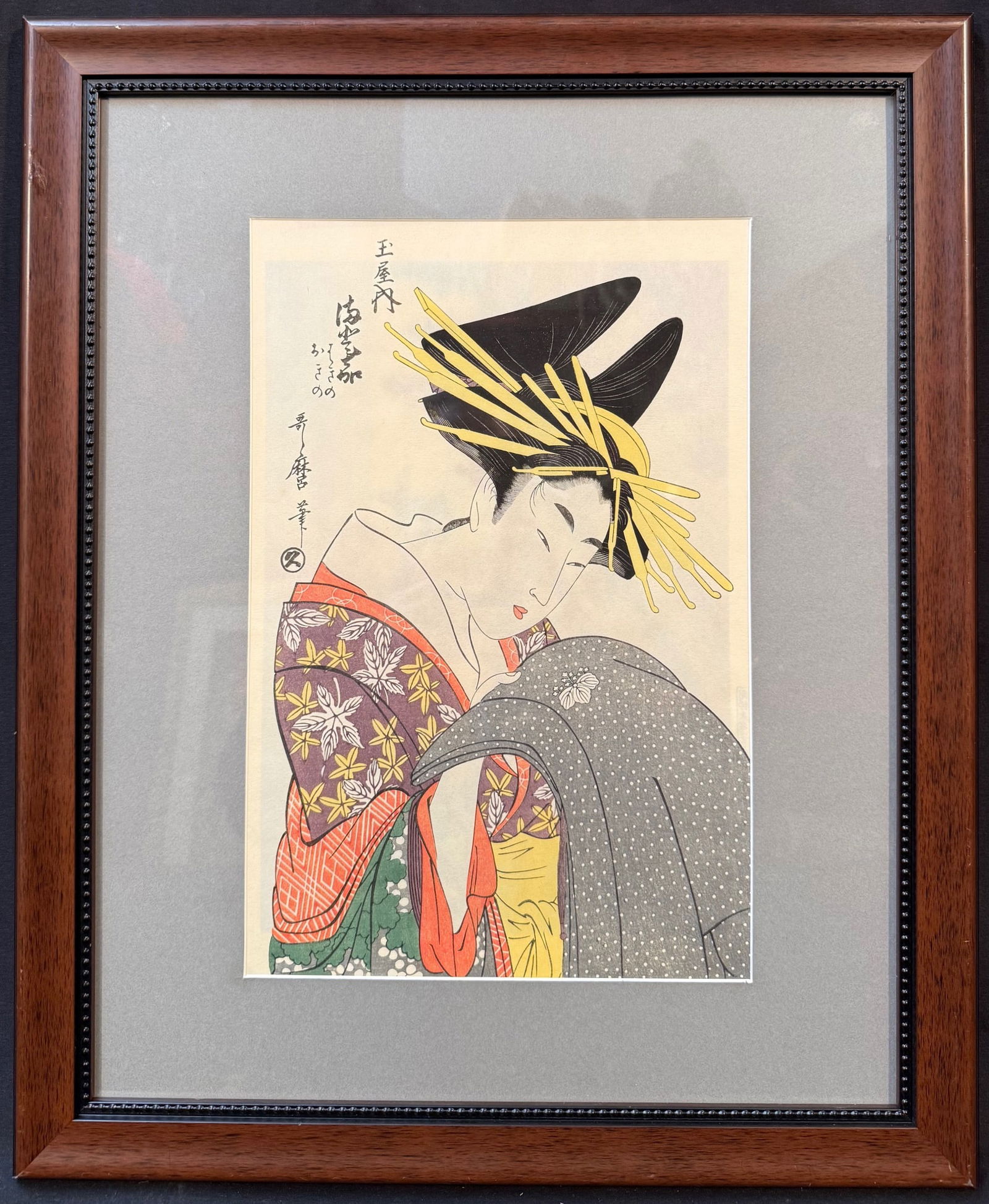 ANTIQUE JAPANESE WOODBLOCK PRINT BY KITAGAWA UTAMARO (1753-1806) TITLED MADOKA OF THE TAMAYA, 18.5IN: Japanese woodblock print by Kitigawa Utamaro (1753-1806) titled Madoka of the Tamaya. This piece is after the original which was created in the late 1700s. This piece is part of the famous Robert O. M