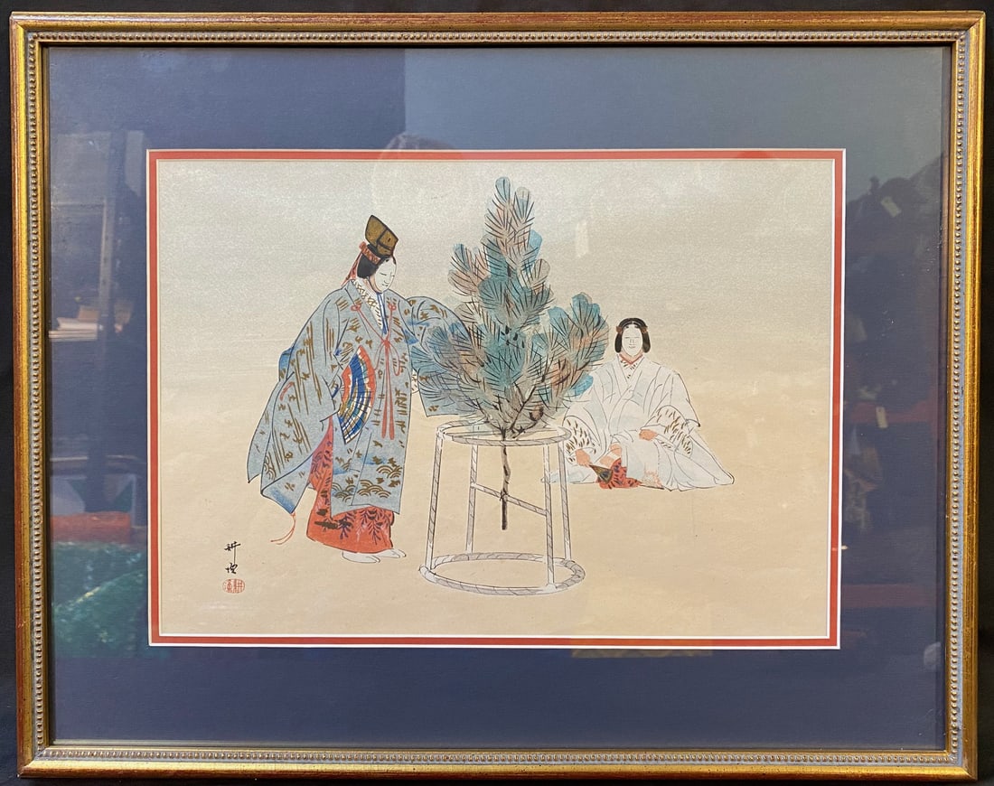 ANTIQUE JAPANESE WOODBLOCK PRINT BY TSUKIOKA KOGYO (1869-1927), 15.5IN x 19.5IN (39cm x 49cm): Japanese woodblock print by Tsukioka Kogyo (1869-1927). This piece is double matted and framed under glass, in golden frame. With frame, it measures 15.5 inches x 19.5 inches. This was acquired from a