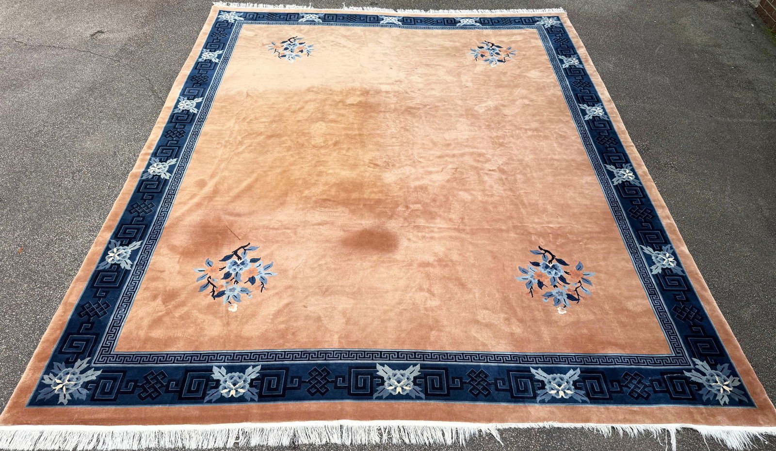 MANSION SIZED ART DECO HAND KNOTTED RUG , 12.2 x 15.1 (371cm x 460cm): Mansion sized, Art Deco rug was hand knotted in China of 100% natural wool on a cotton foundation. The rug has full wool piles and is in excellent condition. Beautiful colors and made with excellent q