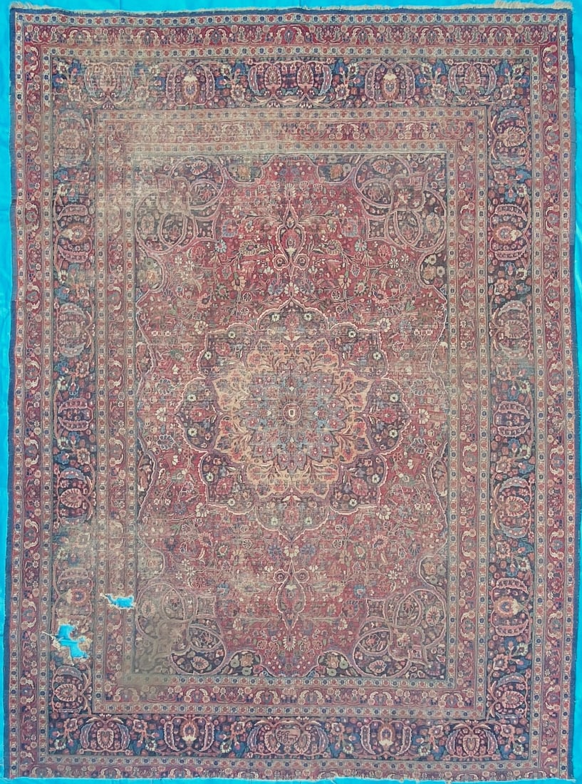 ANTIQUE SIGNED PERSIAN ISFAHAN HAND KNOTTED RUG, DISTRESSED, 9.6 x 12.9 (290cm x 389cm) (1 of 8)