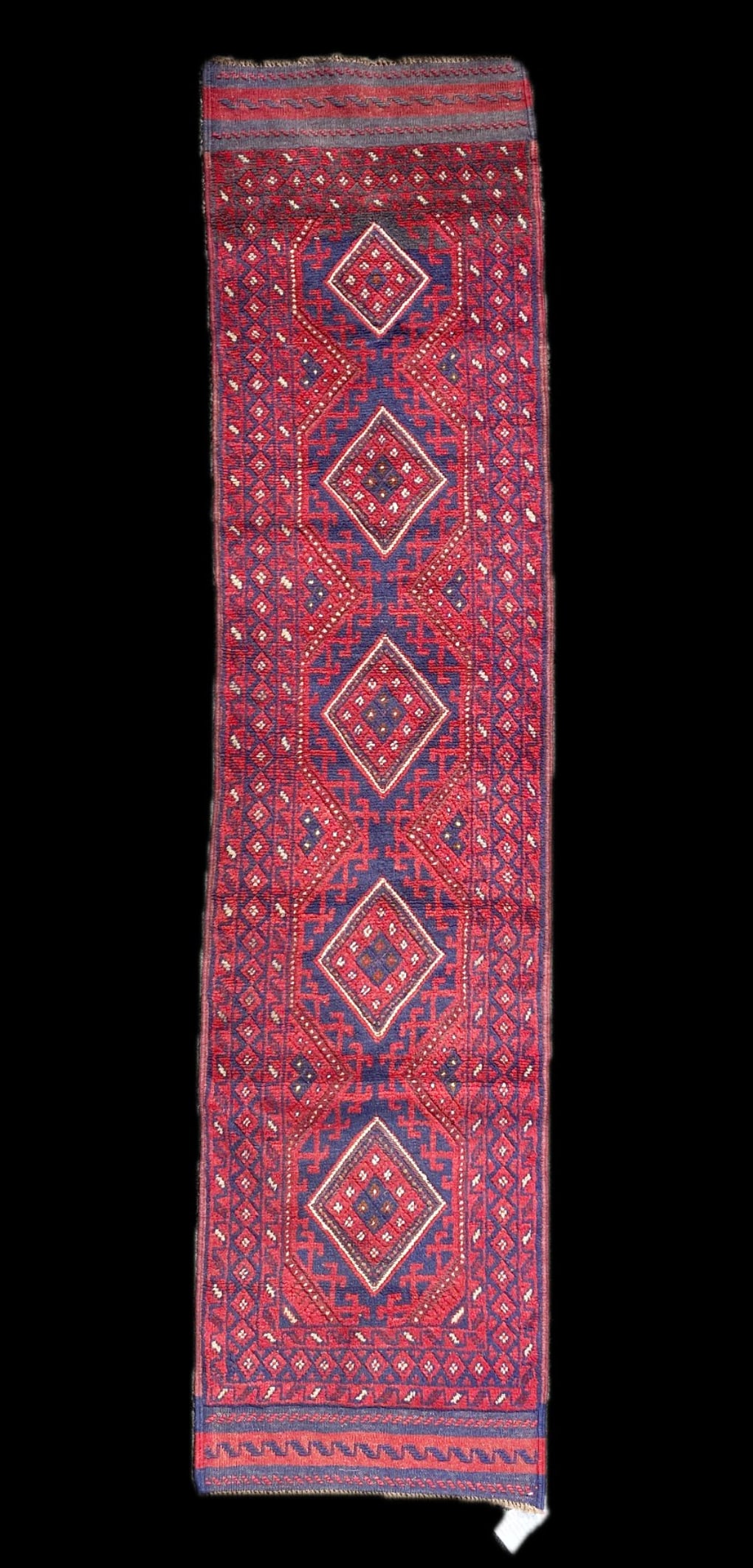 TRIBAL MASHWANI HAND KNOTTED RUNNER, NEW, 1.11 x 8.4 (58cm x 254cm): Afghani Mashwani runner was hand knotted in Afghanistan of 100% natural wool. It has medium wool piles and is in brand new condition. Beautiful colors with excellent quality, and no holes or repairs.