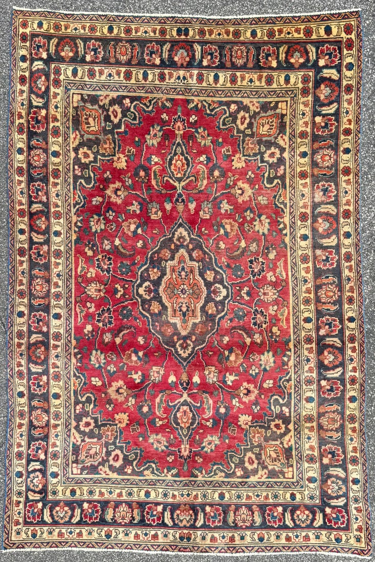 ANTIQUE PERSIAN MASHAD HAND KNOTTED RUG, 6.4 x 9.4 (193cm x 284cm): Antique Persian Mashad rug, hand knotted in Persia of 100% natural wool on a cotton foundation. This rug is 80+ years old and has medium wool piles and is in excellent condition for its age. Beautiful