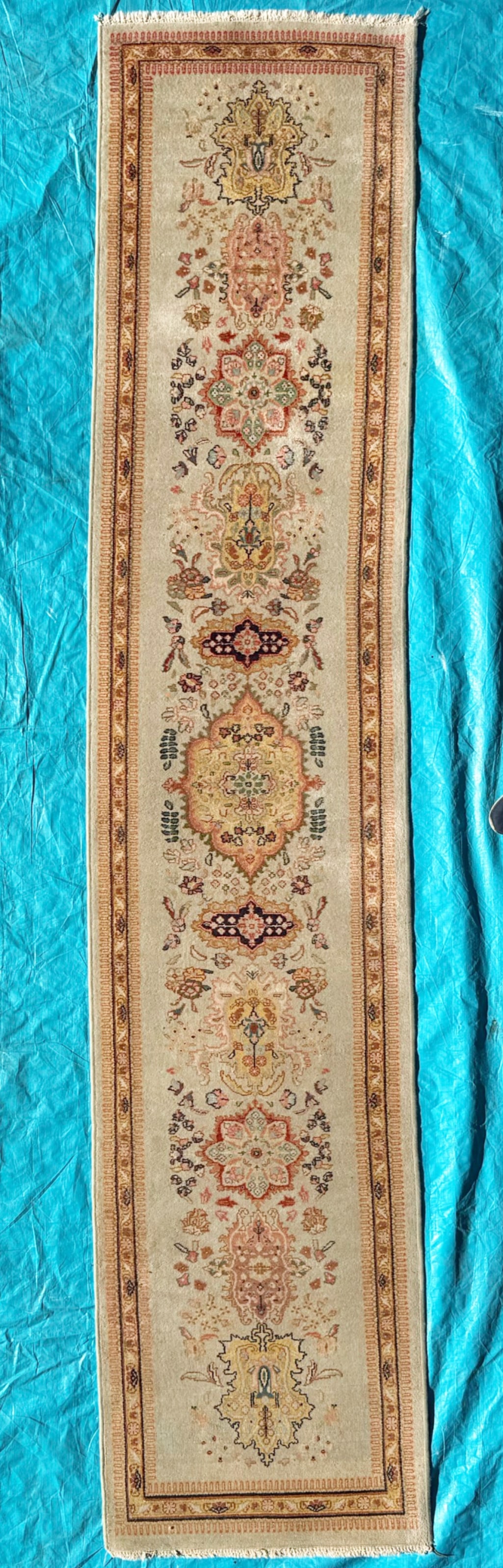 PERSIAN KERMAN HAND KNOTTED RUNNER, 2.8 x 12.5 (81cm x 378cm): Persian Kerman runner, made in Iran of 100% natural wool on a cotton foundation. This rug is 30+ years old, has full wool piles and is in excellent condition. This rug is made with beautiful colors an