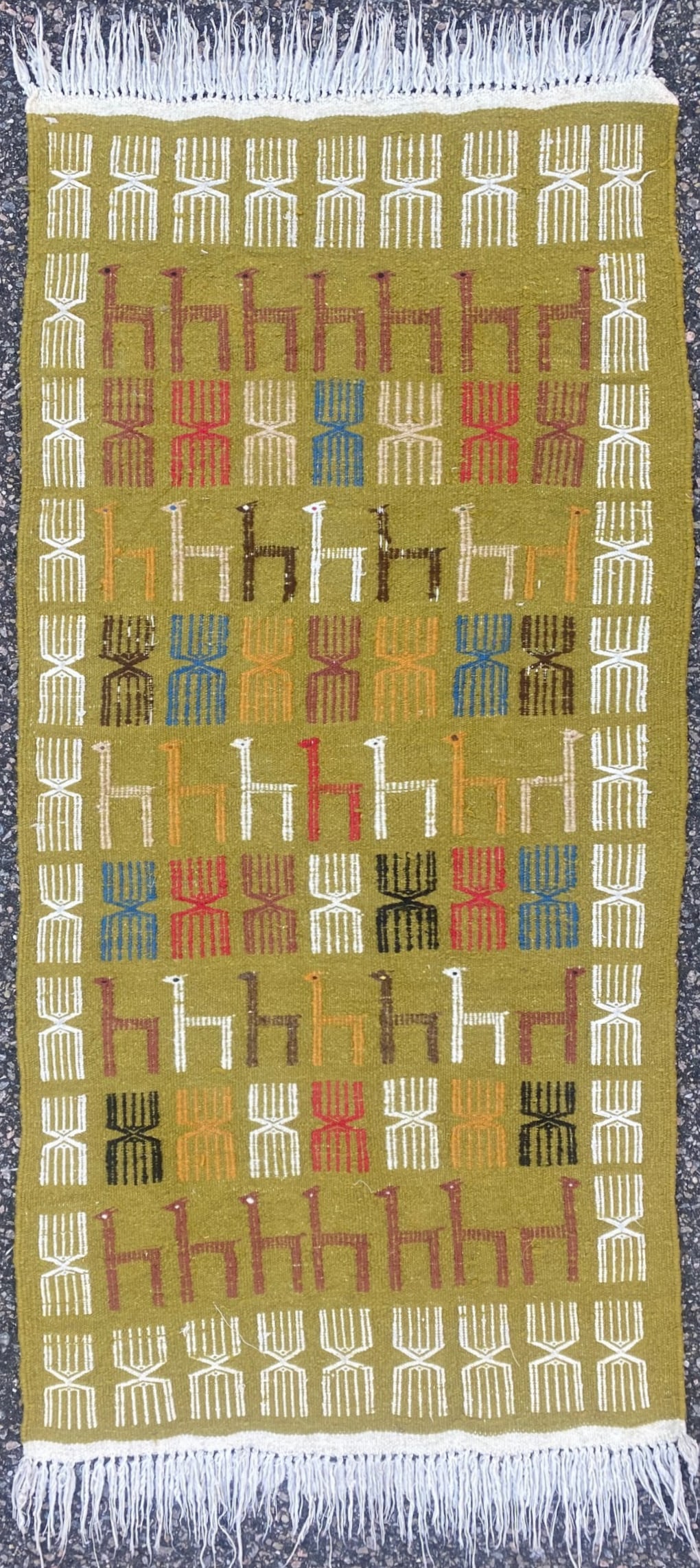 SOUMAK PICTORIAL FLAT WEAVE HAND KNOTTED RUG, 1.8 x 3.5 (51cm x 104cm): Tribal Soumak flat weave rug was hand knotted in Afghanistan of 100% natural wool and has perfect, flat weave wool piles and is in like new condition. Beautiful colors with excellent quality. No holes