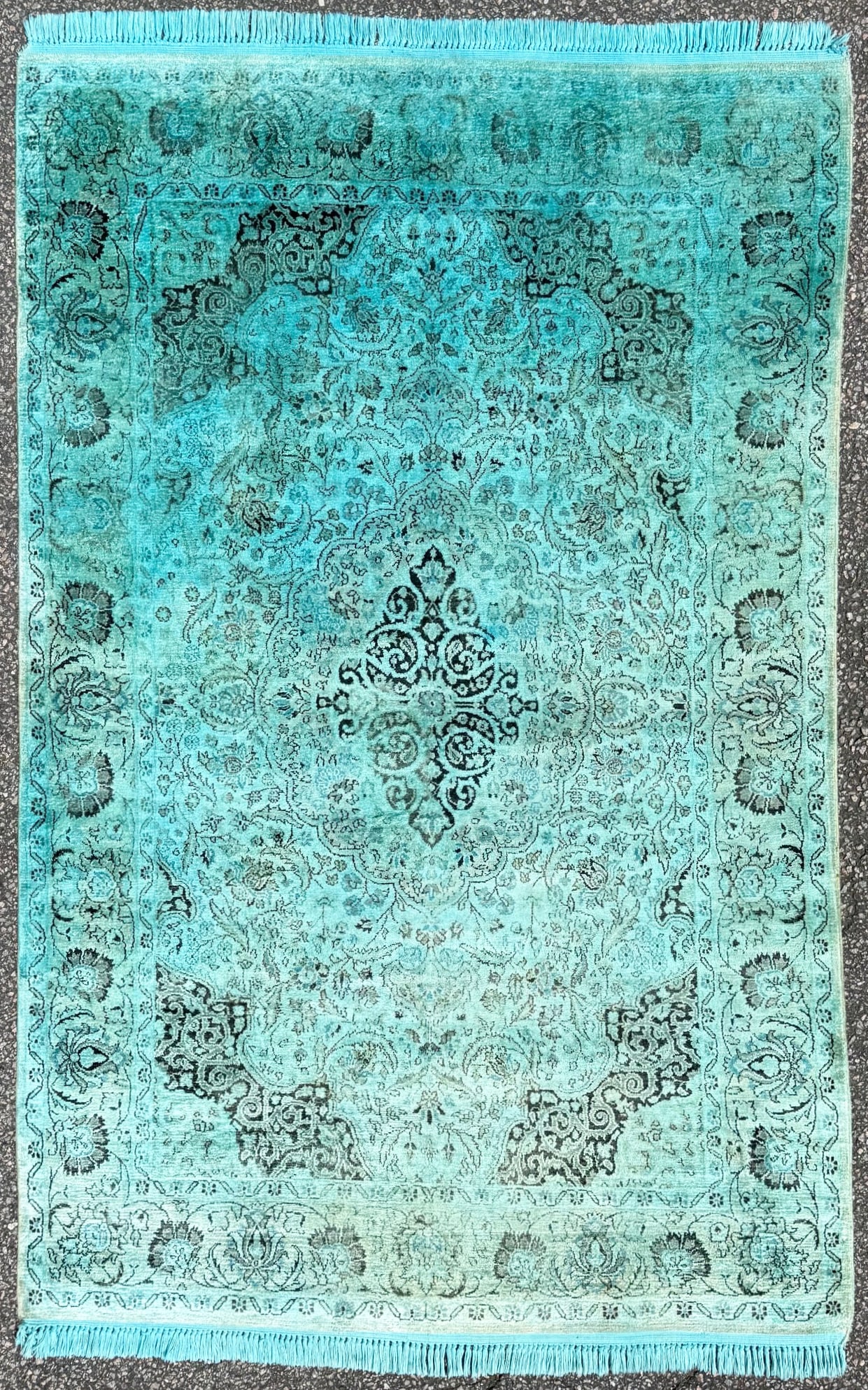 OVERDYED KASHMIR SILK HAND KNOTTED RUG WITH 200+ KPSI, 4.1 x 6.1 (124cm x 185cm): This overdyed Kashmir rug, was hand knotted in India of 100% silk on a cotton foundation. This rug has full wool piles and is in excellent condition. This rug has knots per square inch in excess of 20