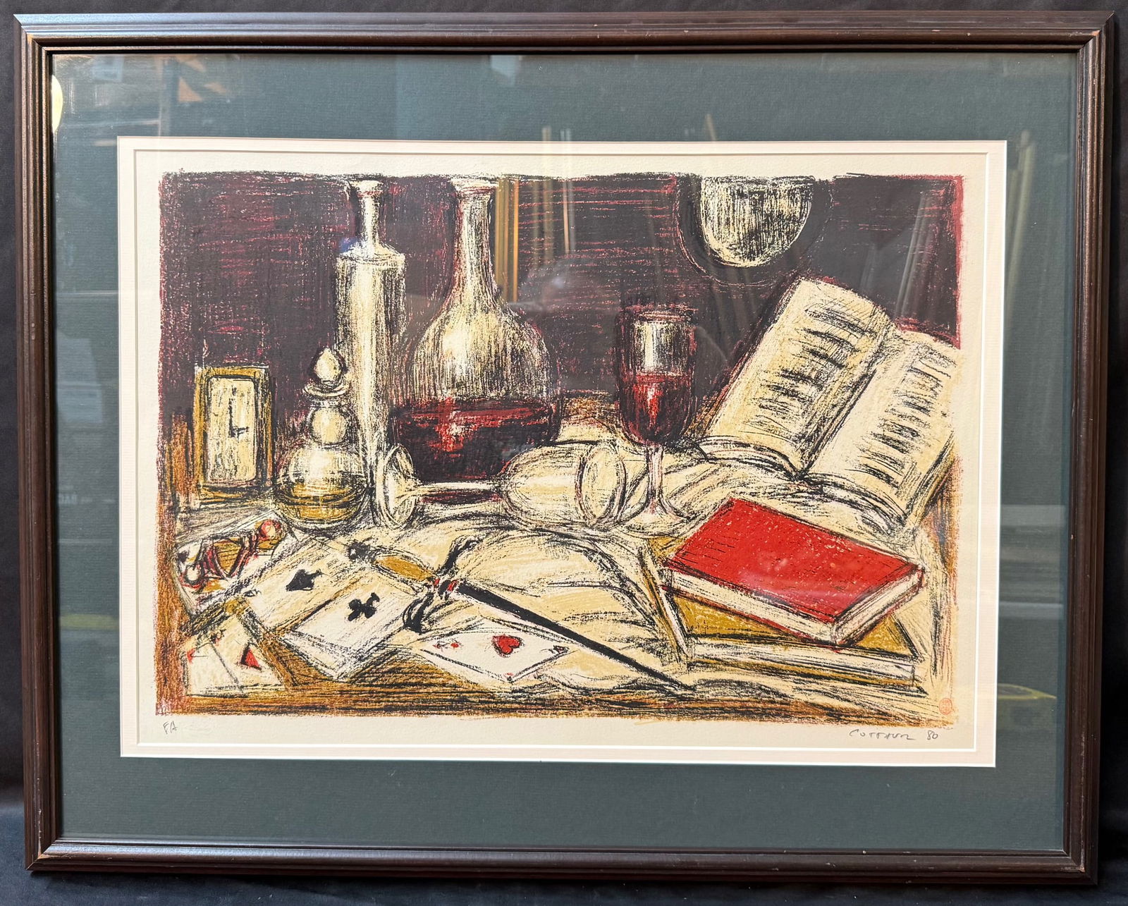 ANDRE COTTAVOZ (1922-2012) ORIGINAL, HAND SIGNED ARTIST’S PROOF LITHOGRAPH, 24IN x 30IN (61cm x: Expressive color lithograph by French modern artist André Cottavoz, titled Nature morte aux livres, cartes à jouer et carafes (Still Life with Books, Playing Cards, and Decanters), 1980. It depicts