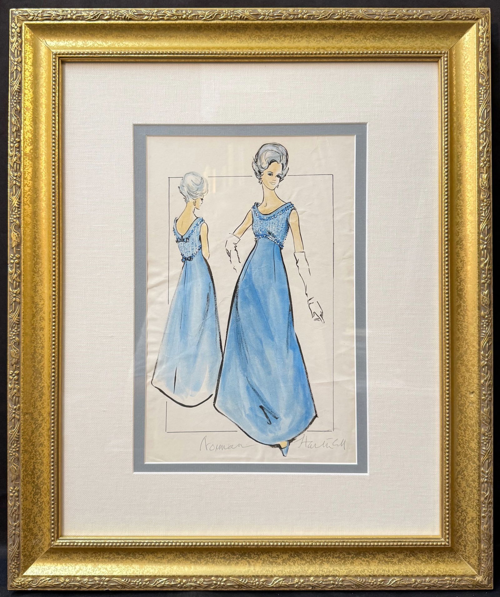 SIR NORMAN HARTNELL (1901-1979) ORIGINAL, HAND SIGNED WATERCOLOR, 20IN x 23.5IN (51cm x 60cm): Sir Norman Hartnell (1901-1979) original, hand signed, watercolor painting of a woman in an elegant evening gown. This refined, original fashion illustration by Sir Norman Hartnell, Britain’s preemi