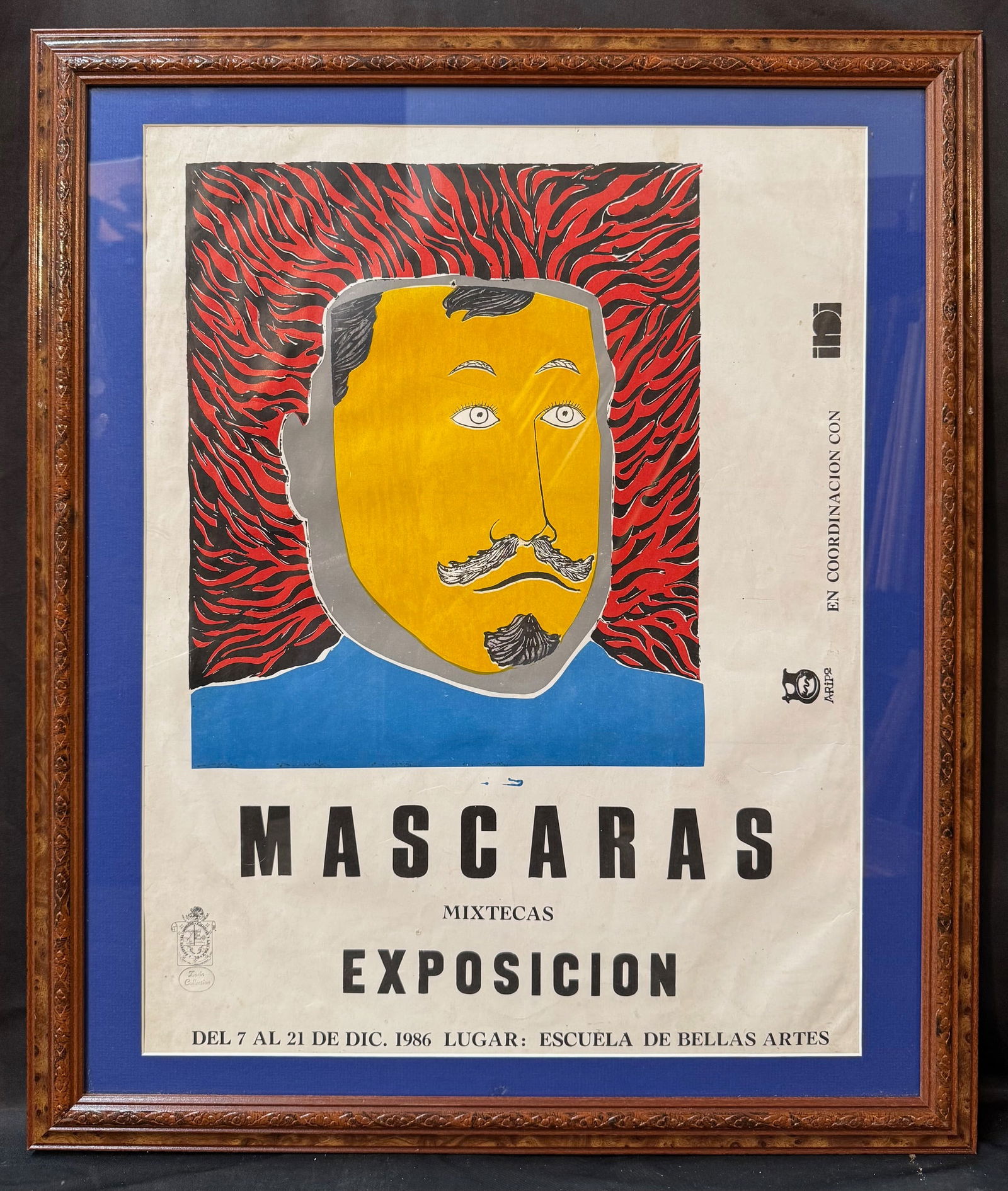 FRANCISCO TOLEDO (1940-2019) ORIGINAL EXHIBITION POSTER FOR MASCARAS MIXTECAS, 22IN x 26IN (56cm x: Original Francisco Toledo (1940-2019) poster for the 1986 exhibition titled Mascaras Mixtecas, which was held at the Escuela de Bellas Artes in Oaxaca, Mexico. The exhibition focused on traditional Mi