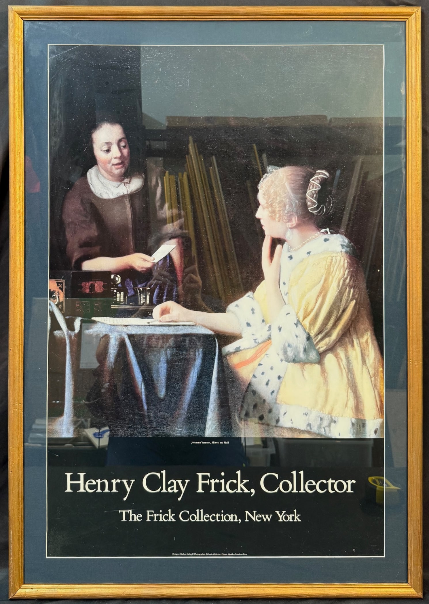 ORIGINAL JOHANNES VERMEER (1632-1675) EXPOSITION POSTER FOR THE FRICK COLLECTION, 28.5IN x 41IN: Johannes Vermeer (1632-1675) exhibition poster for the Frick Collection. The underlying piece used for the poster is titled Mistress and Maid, after the original which was painted in 1667 and is now p
