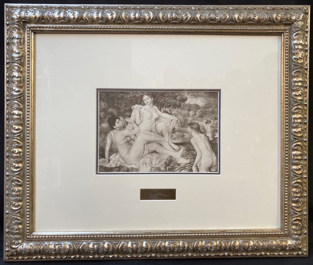 PIERRE AUGUSTE RENOIR (1841-1919) LIMITED EDITION GRAVURE TITLED LES GRANDES BAIGNEUSES WITH COA,: Pierre Auguste Renoir (1841 to 1919) limited edition gravure titled Les Grandes Baigneuses, which is after the original that was painted in 1884. It is a limited edition of 150 copies, it being from p