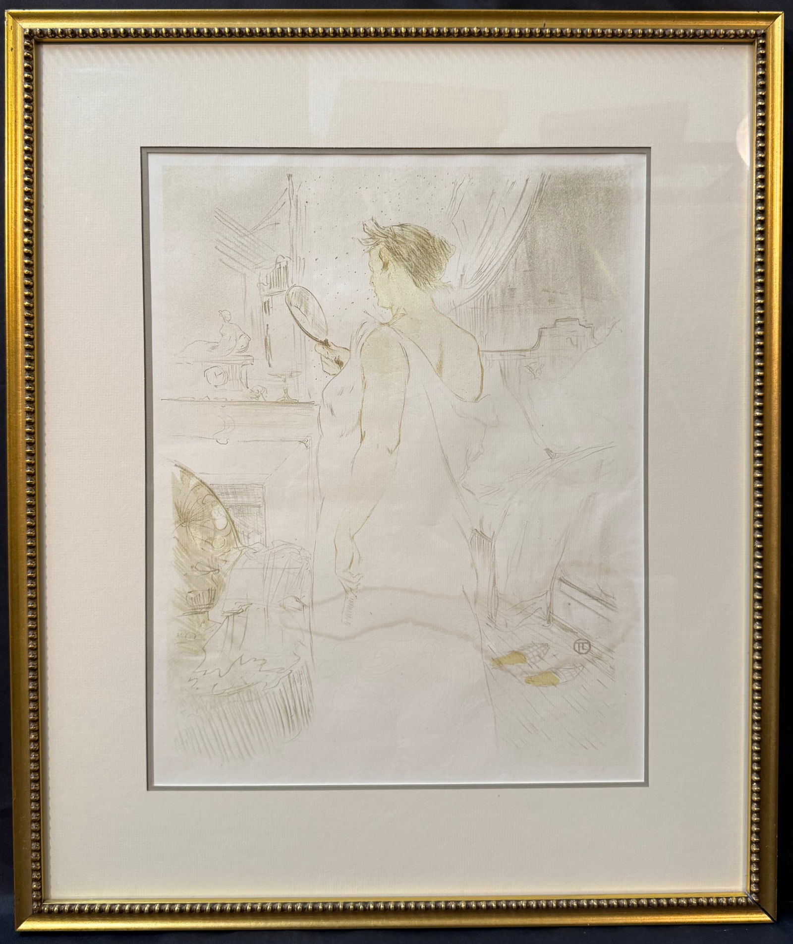HENRI DE TOULOUSE-LAUTREC (1864-1901) LITHOGRAPH TITLED FEMME A GLACE, 20.5IN x 24IN (52cm x 61cm): Henri de Toulouse-Lautrec (1854-1901) lithograph titled Femme a Glace (Woman at the Mirror). This piece is after the original which created in 1896. This work is part of Toulouse-Lautrec's series "Ell