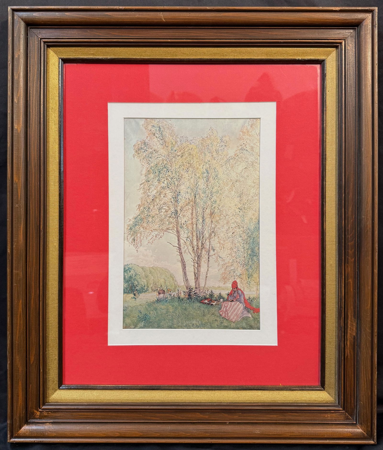 CARL LARSSON (1853-1919) LITHOGRAPH TITLED BENEATH THE BIRCHES, 22IN x 26IN (56cm x 66cm): Lithograph by Swedish artist Carl Larsson (1853-1919). This piece is titled Beneath the Birches, and it is after the original which was painted by the artist in the 1902 and currently hangs in the Thi