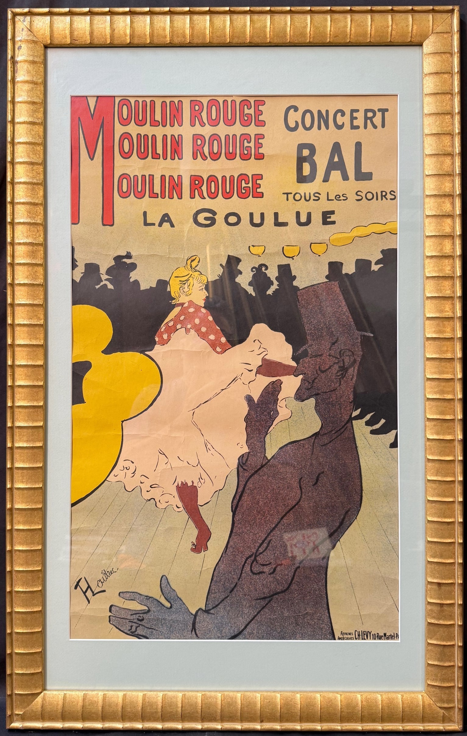 HENRI DE TOULOUSE-LAUTREC (1864-1901) ORIGINAL LITHOGRAPH TITLED MOULIN ROUGE, 22IN x 35IN (56cm x: Henri de Toulouse-Lautrec (1854-1901) original lithograph titled Moulin Rouge. This is part of his American Poster series, and it was printed by CH Levy in Paris, France. This piece could be an origin