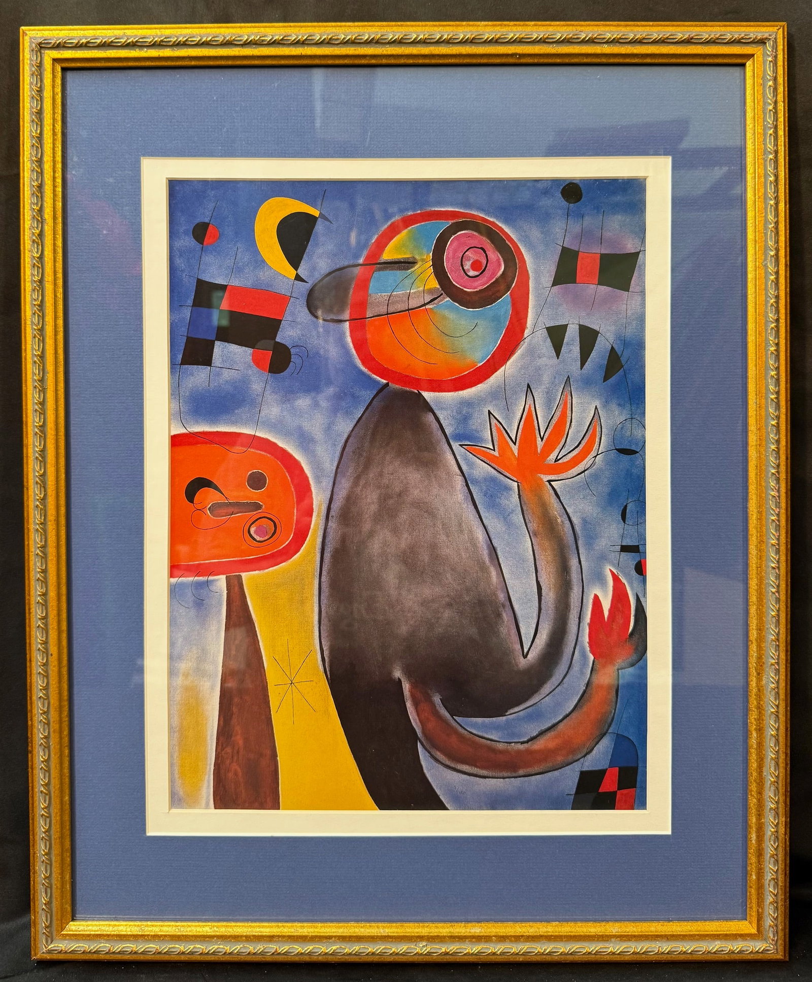 JOAN MIRO (1893-1983) LITHOGRAPH TITLED LADDERS CROSS THE BLUE SKY IN A WHEEL OF FIRE, 17.5IN x: Lithograph by celebrated Spanish artist Joan Miro (1893-1983) titled Ladders Cross the Blue Sky in a Wheel of Fire. This piece is after the original which was painted in 1953 and is part of the collec