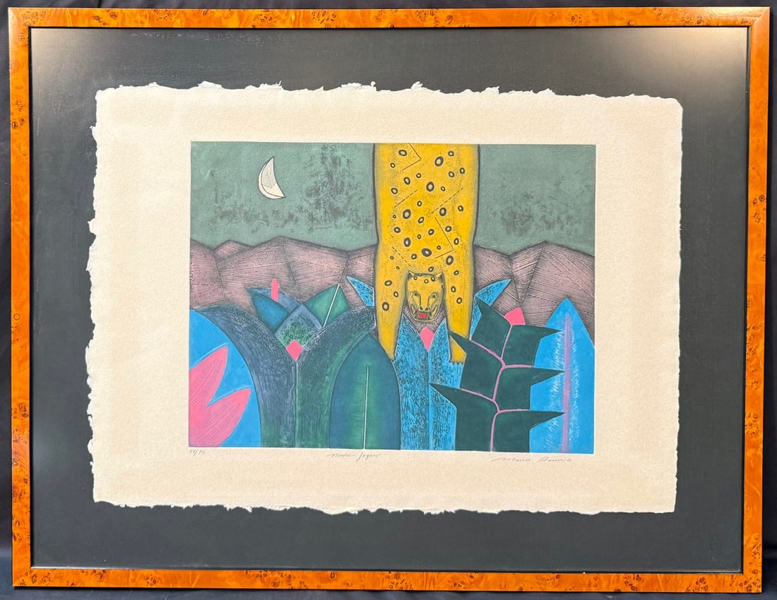 MARIO ROMERO (1953) ORIGINAL, HAND SIGNED, LIMITED EDITION LITHOGRAPH TITLED NOCHE JAGUAR, 28IN x: Original color lithograph by Mexican artist Mario Romero (1953) titled Noche Jaguar. This piece depicts a stylized jaguar emerging from dense, geometric tropical foliage beneath a crescent moon. The c