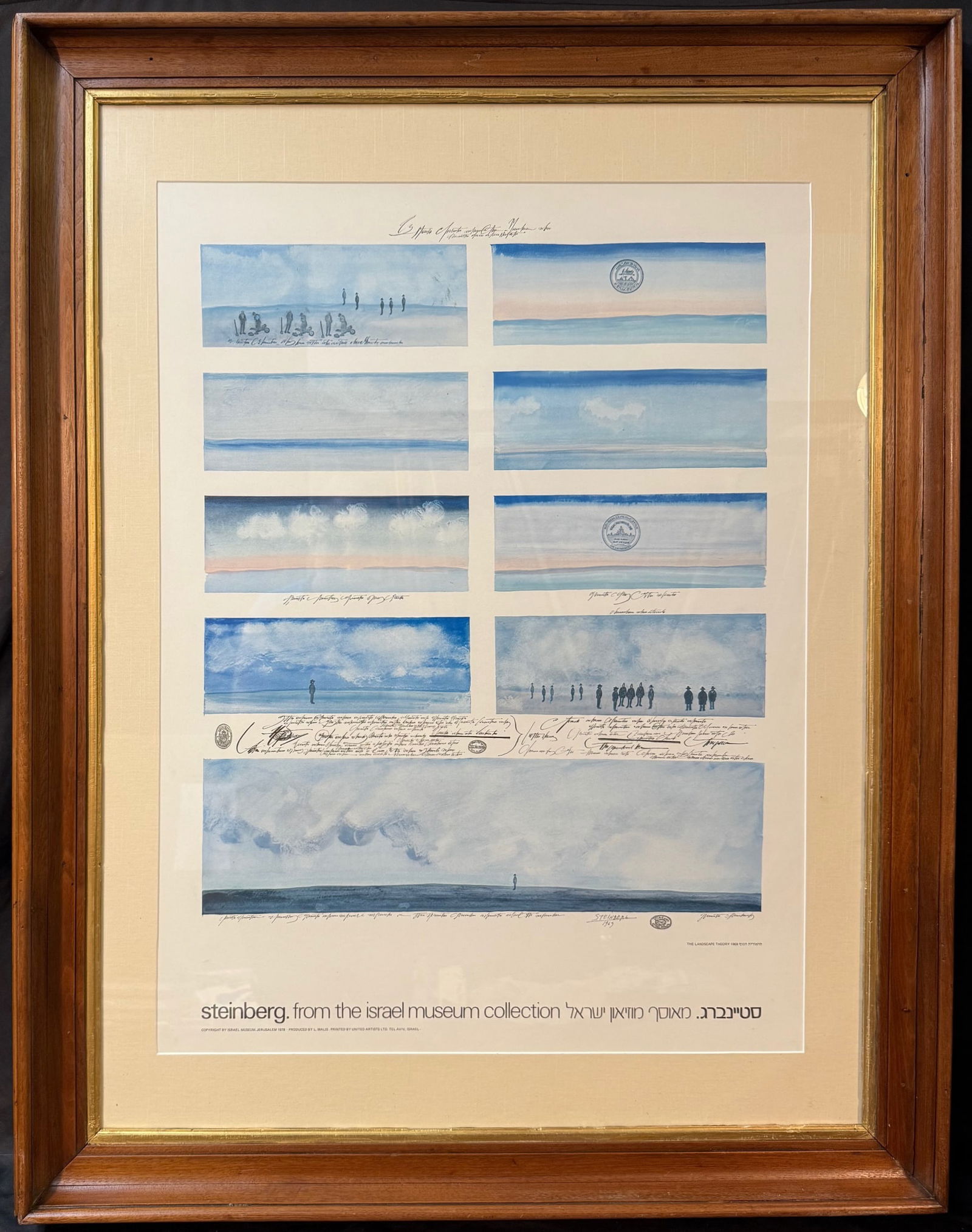 SAUL STEINBERG (1914-1999) ORIGINAL ART EXHIBIT POSTER, 36.5IN x 47.5IN (93cm x 121cm): Saul Steinberg (1914-1999) original art exhibit poster for the Israel Museum Collection. This underlying piece is called The Landscape Theory. It is after the original which was created in 1969. This