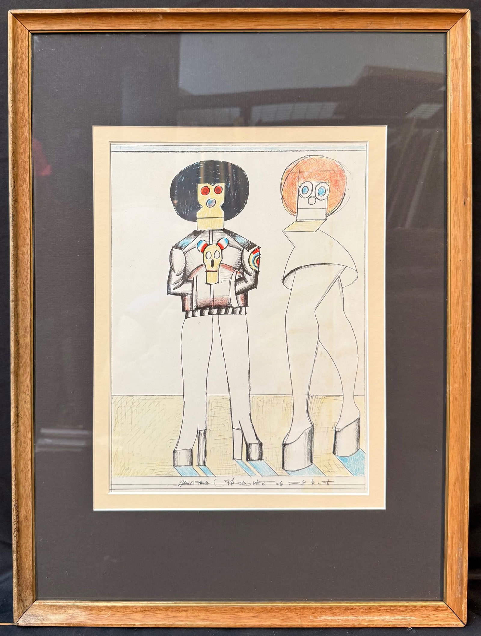 SAUL STEINBERG (1914-1999) ORIGINAL LITHOGRAPH TITLED COUPLE, 18IN x 24IN (46cm x 61cm): Saul Steinberg (1914-1999) original lithograph titled Couple. This lithograph was produced in 1977 in Paris by Gallery Maeght Paris for Derriere le Mirior. It is double matted and framed under glass i