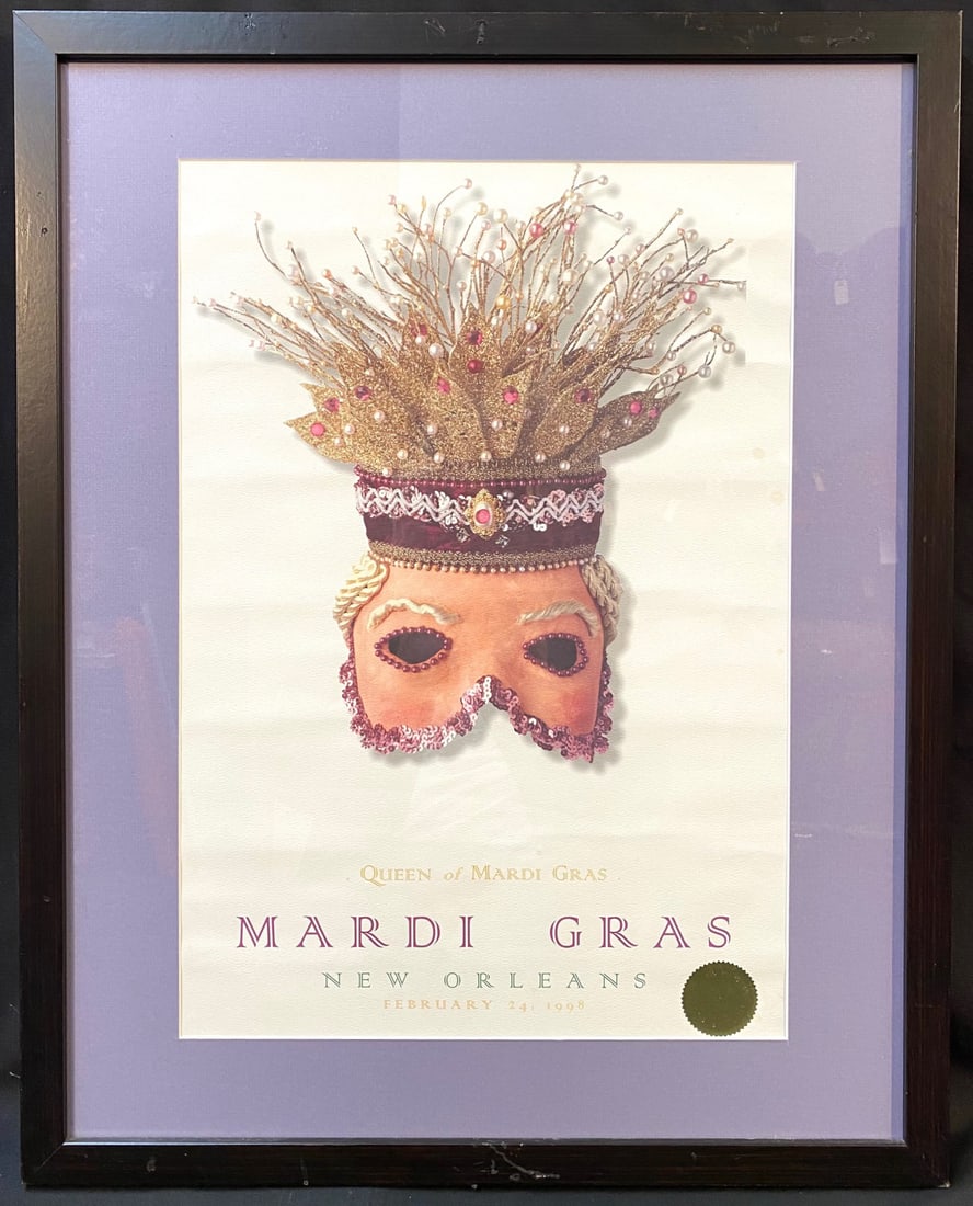 QUEEN OF MARDI GRAS POSTER 1998, WITH NEW ORLEANS SEAL, 21.5IN x 27.0IN (55cm x 69cm): Original Queen of Mardi Gras poster for the year 1998, with the golden seal of New Orleans. With frame, it measures 21.5 inches x 27.0 inches. It is matted and framed under acrylic in a simple black f