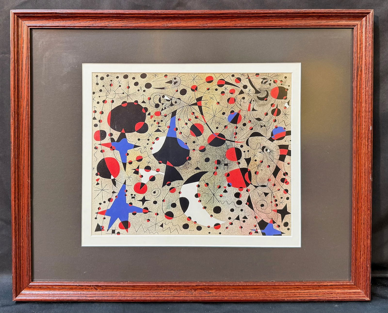 JOAN MIRO (1893-1983) LITHOGRAPH TITLED THE NIGHTINGALE’S SONG AT MIDNIGHT AND MORNING RAIN, 17IN: Lithograph by celebrated Spanish artist Joan Miro (1893-1983) titled Nightingale’s Song at Midnight and Morning Rain. This piece is after the original which was painted in 1940 in Mallorca and was p