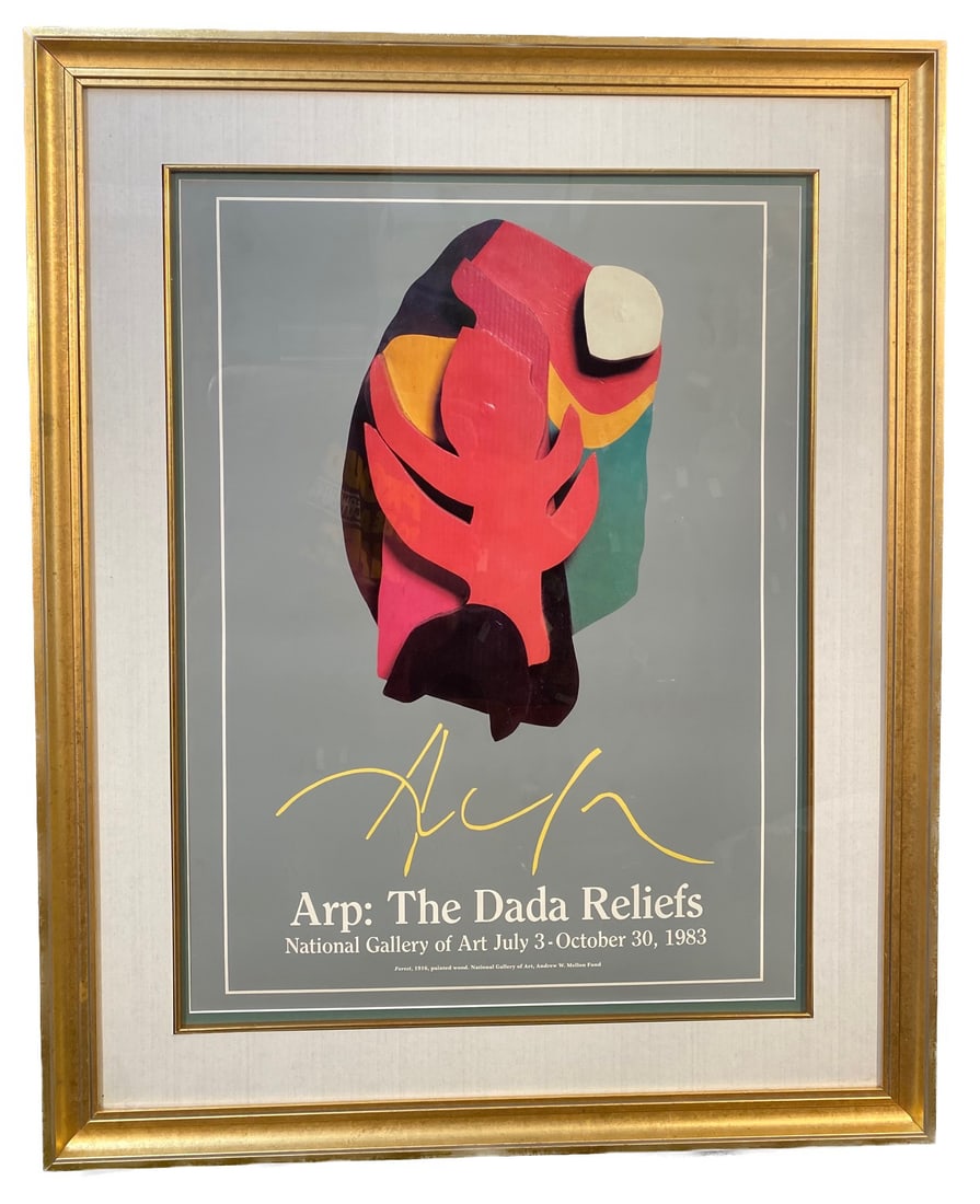 JEAN ARP (1886-1966) ORIGINAL NATIONAL GALLERY EXHIBIT POSTER FOR HIS DADA RELIEFS, 29IN x 36IN: Jean Arp (1886-1966) original National Gallery exhibit poster announcing his Dada Reliefs. It measures 29 inches x 36 inches. It is framed under glass in an ornate, gold tone frame. It was produced in