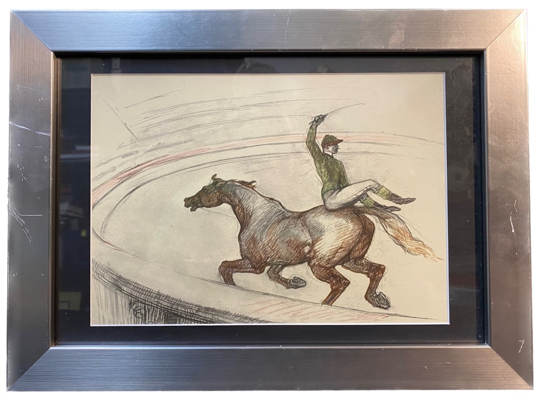 HENRI DE TOULOUSE-LAUTREC (1864-1901) LITHOGRAPH TITLED JOCKEY, 12IN x 15IN (30.5cm x 38cm): Henri de Toulouse-Lautrec (1854-1901) limited edition lithograph titled Jockey. It is after the original which was drawn in 1899, as part of his Au Cirque series. This piece was produced in 1967 and i