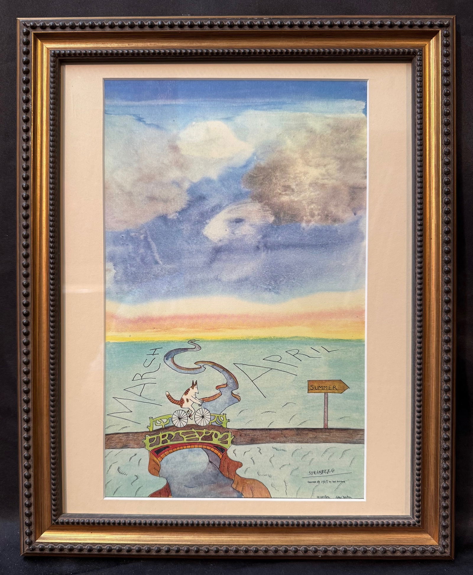 SAUL STEINBERG (1914-1999) ORIGINAL LITHOGRAPH TITLED SUMMER, 12.5IN x 15.5IN (32cm x 39cm): Saul Steinberg (1914-1999) original lithograph titled Summer. This lithograph was produced in 1977 in Paris by Gallery Maeght Paris for Derriere le Mirior. It is after the original which was produced