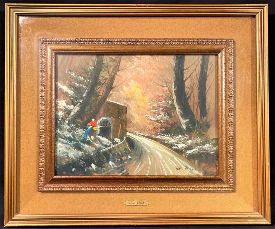ALDO PIRONTI (20 th CENTURY) ORIGINAL OIL ON PANEL LANDSCAPE FRAMED PAINTING MEASURES 20 IN x 24 IN: Original oil on panel by celebrated Italian artist Aldo Pironti. This is an original oil on panel showing a country road with a small cottage and person, and it came from a Virginia estate. It measure