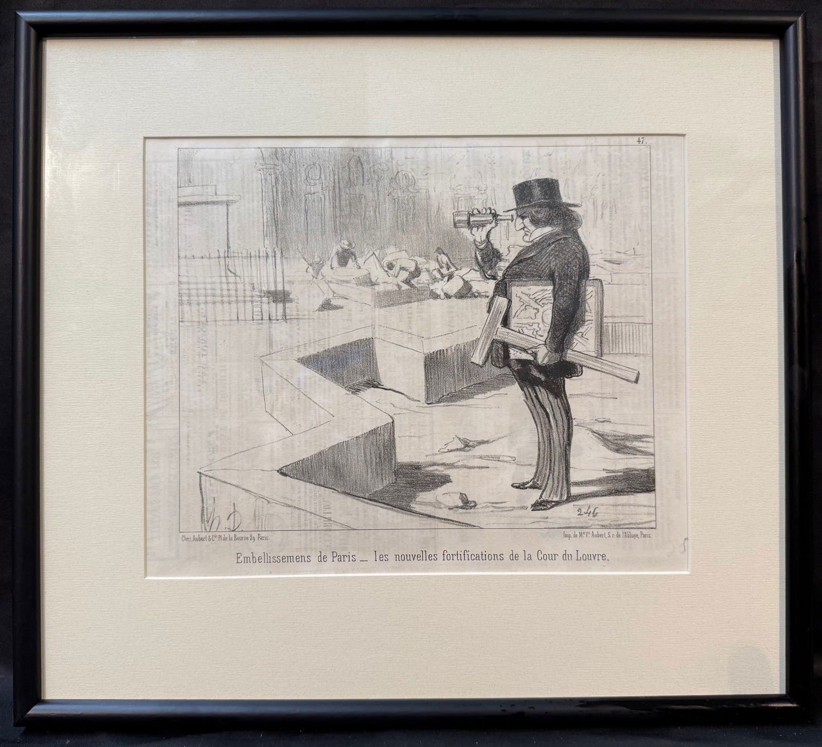 HONORE DAUMIER (1808-1879) ORIGINAL LITHOGRAPH TITLED EMBELLISSEMENS DE PARIS , 15.5IN x 17IN (39cm: Honore Daumier original lithograph titled Embellissemens de Paris – les Nouvelles Fortifications de la Cour du Louvre. This was produced in 1850. This piece is matted and framed in a wooden frame. W