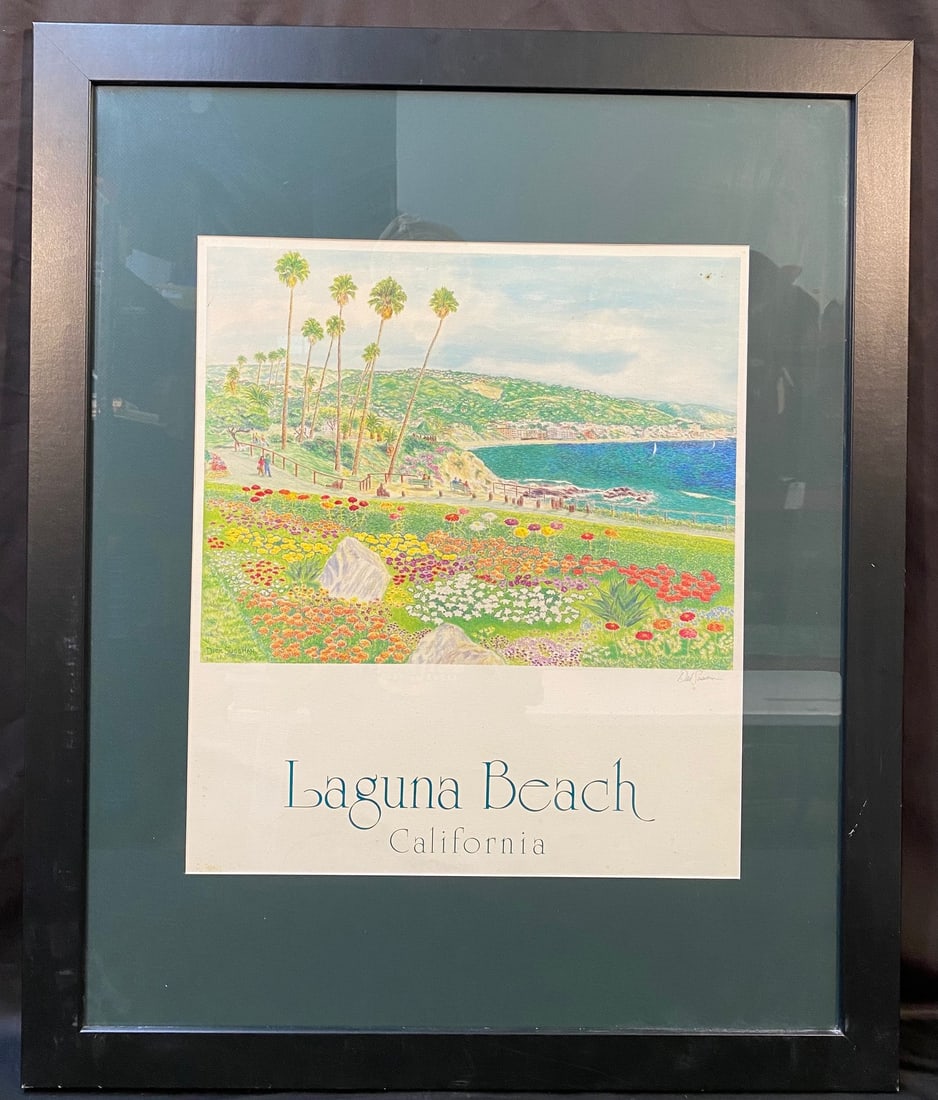 RICHARD SUSSMAN (1908-1971) HAND SIGNED, ORIGINAL LITHOGRAPH TITLED LAGUNA BEACH, 29.5IN x 35.5IN: Original, hand signed lithograph by California artist Richard “Dick” Sussman (1908-1971) titles Lagune Beach. This piece was produced on very thick stock paper by Sussman’s own print shop ca