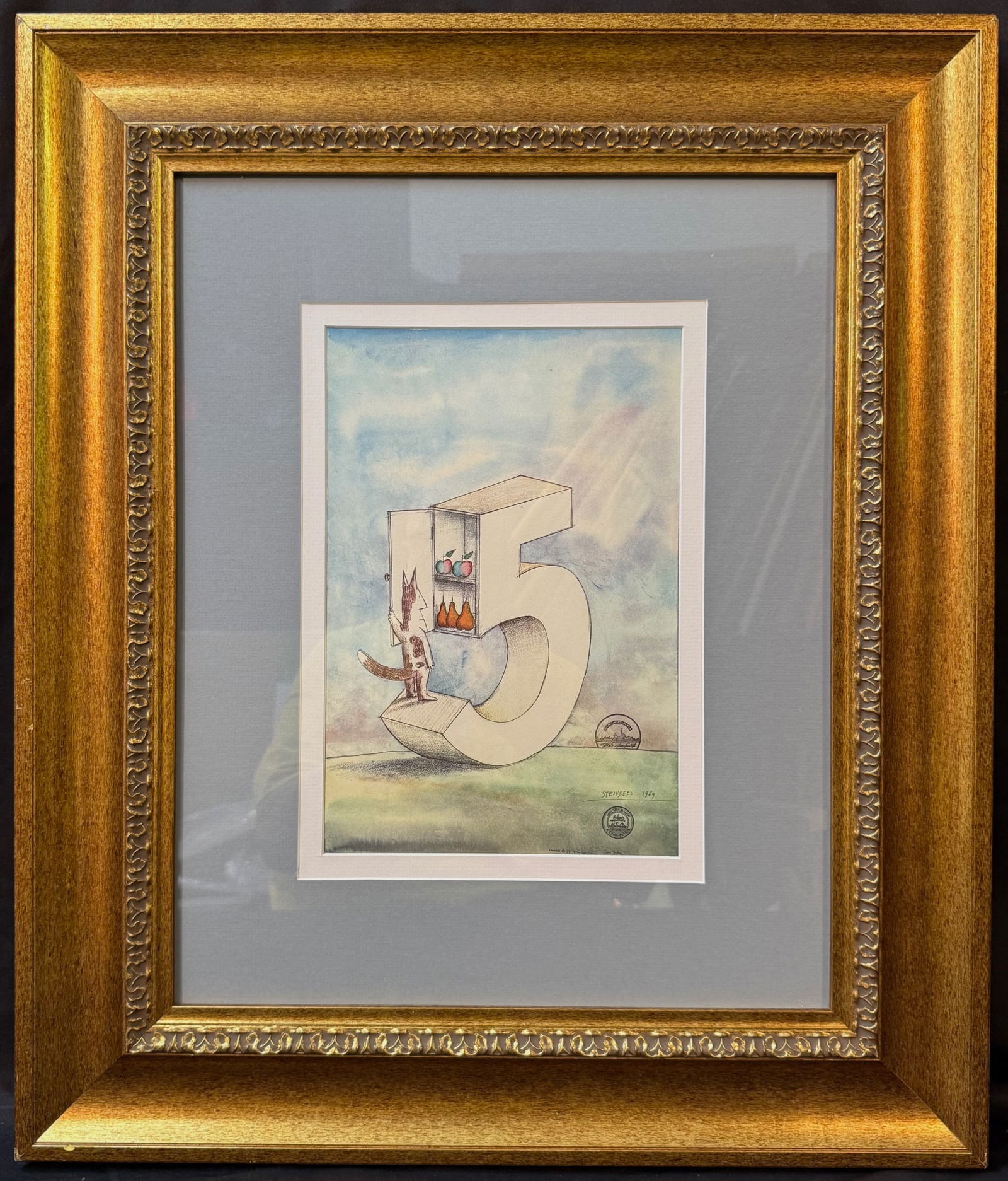 SAUL STEINBERG (1914-1999) ORIGINAL LITHOGRAPH TITLED FIVE, 22.5IN x 26.5IN (57cm x 67cm): Saul Steinberg (1914-1999) original lithograph titled Five. This piece is after the original which was created in 1969, and later appeared in the magazine New Yorker. This piece was produced in 1977 i