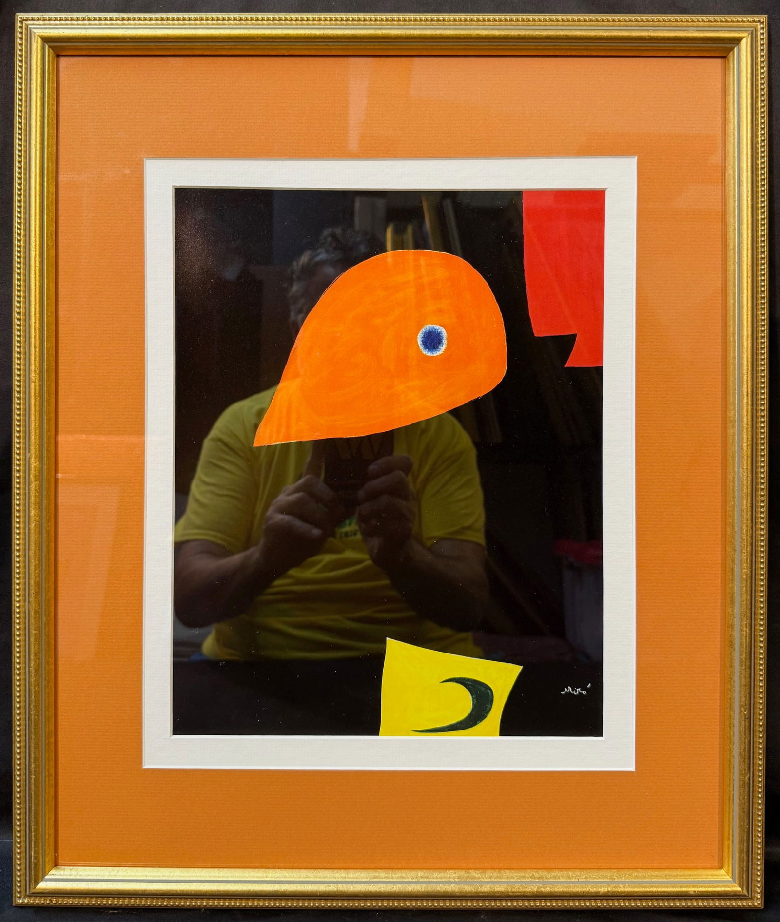 JOAN MIRO (1893-1983) ORIGINAL LITHOGRAPH TITLED TETE, 17.5IN x 21IN (44cm x 53cm): Original lithograph by Spanish artist Joan Miro (1893-1983) titled Tete, and it was produced in 1978 by Galerie Maeght in Paris. It is double matted and framed in a golden frame, and with frame it mea